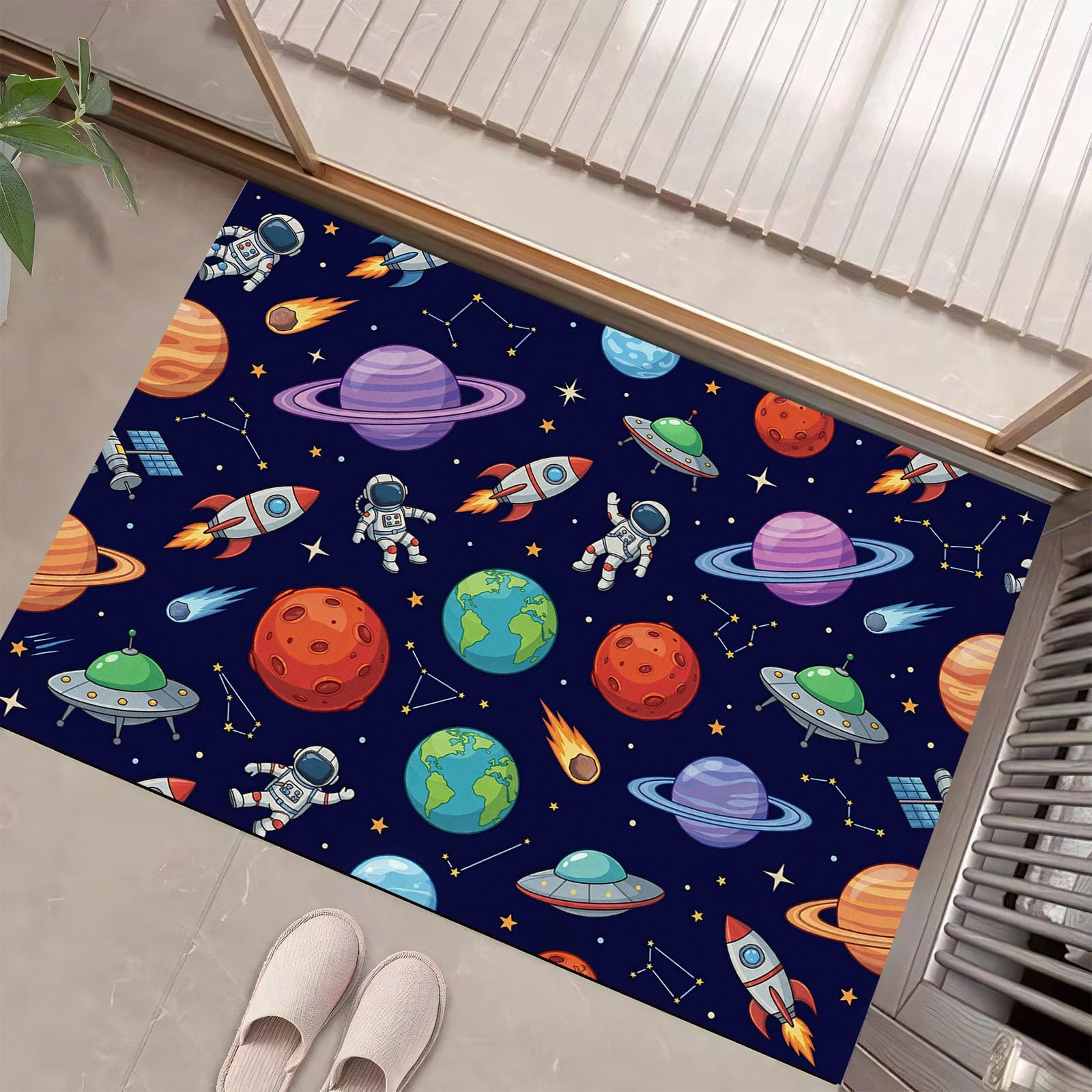 Felpudo Entrada Casa Constelación Planeta Astronauta 80x120cm, Alfombra Interior de Bienvenida Tema Espacial Dibujos Animados Antideslizante, Felpudo de Entrada Alfombrilla para Puertas, Pasillo