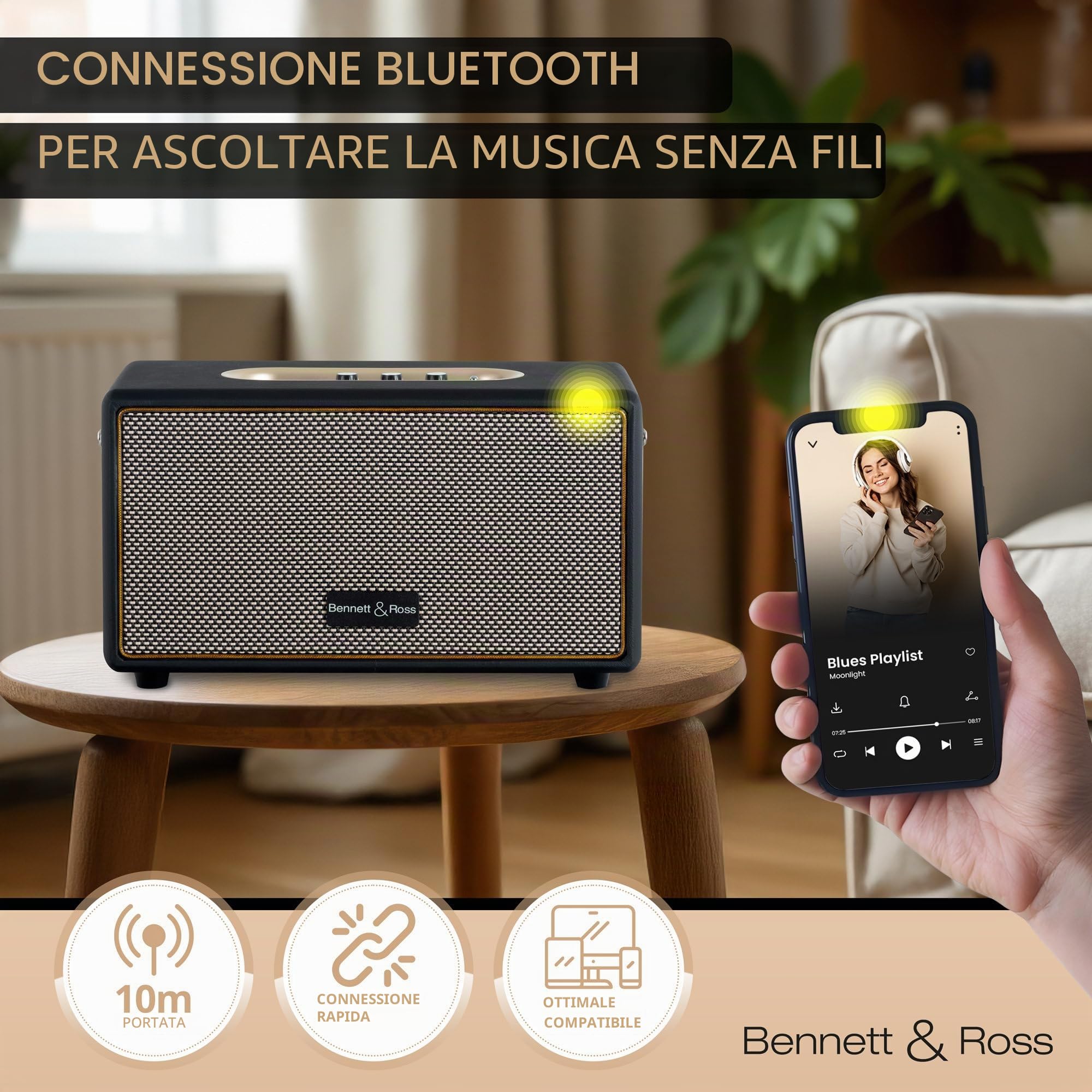 Bennett & Ross BB-860A BK Blackmore altoparlante bluetooth retrò in pelle con batteria da 6000 mAh - Altoparlante vintage da 60 W - Funzione Stereo True Wireless - Ingresso Aux - Cassa nero