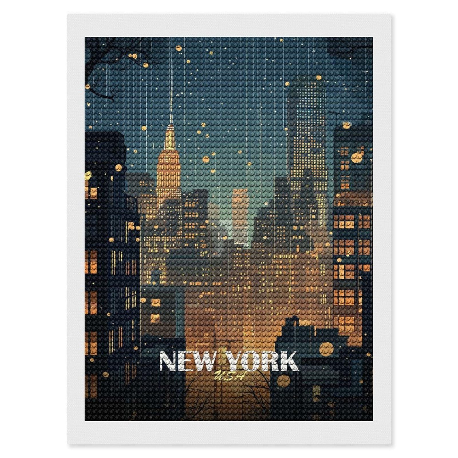 Junmoney New York Cityscape at Night Diamond Painting Canvas Kit 12"x16", Adhesive Canvas, Living Room Decor, Farmhouse Decor, Winter Craft