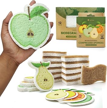 AIRNEX Pack of 12 Biodegradable Cellulose Compressed Sponges with Pack of 12 S-Shape Eco Dishwashing Sponges