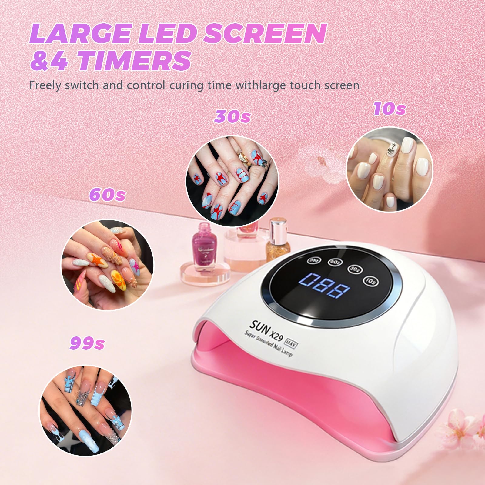 Lampe à ongles UV LED 500 W - 90 perles - Durcissement rapide - 4 minuteries - Capteur automatique - Affichage LCD - Base amovible - Séchoir à ongles pour manucure et pédicure (X29)