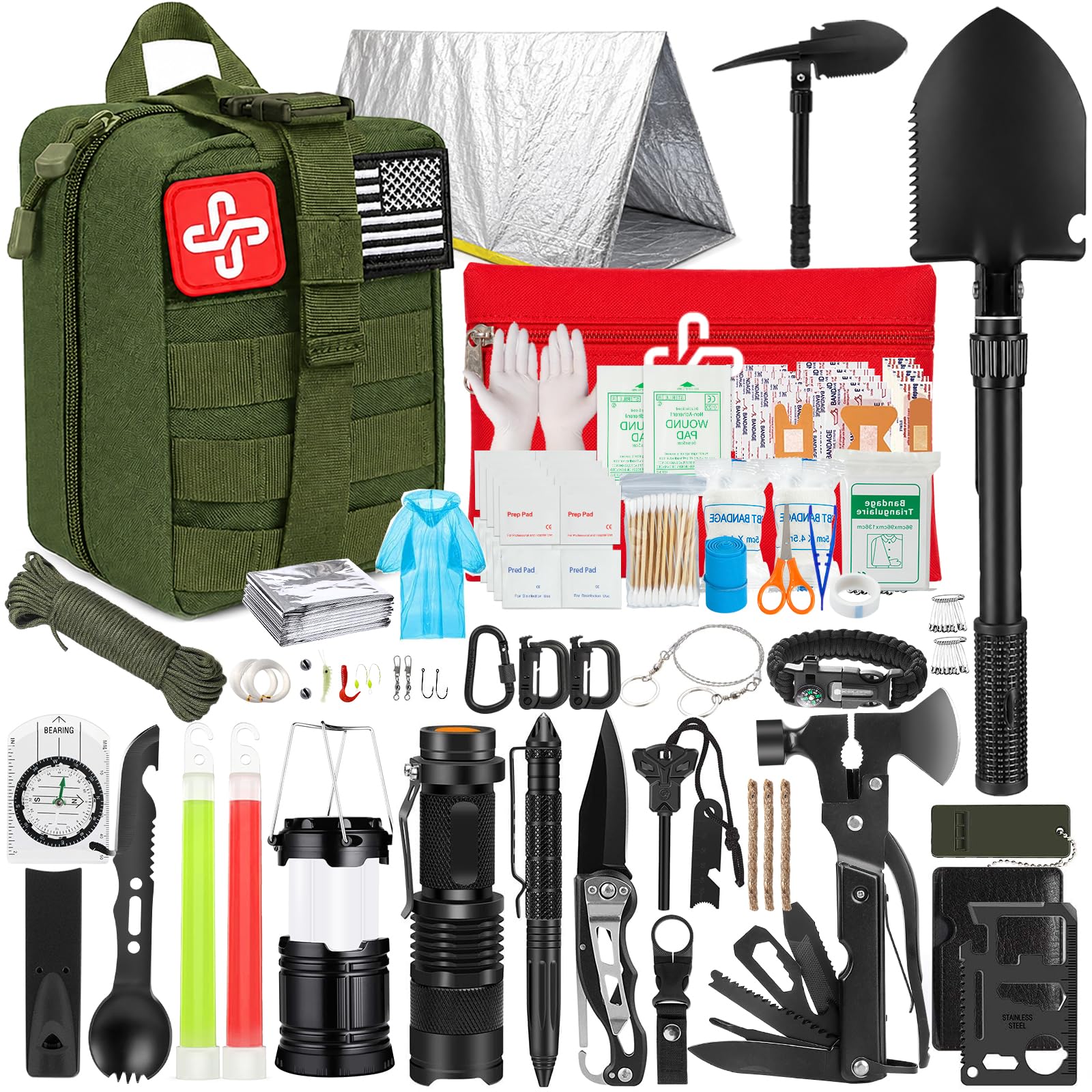Survival Kit, 250Pcs Survival Gear First Aid Kit with Molle System Compatible Bag and Emergency Tent, Emergency Kit for Earthquake, Outdoor Adventure, Hiking, Hunting, Gifts for Men Women