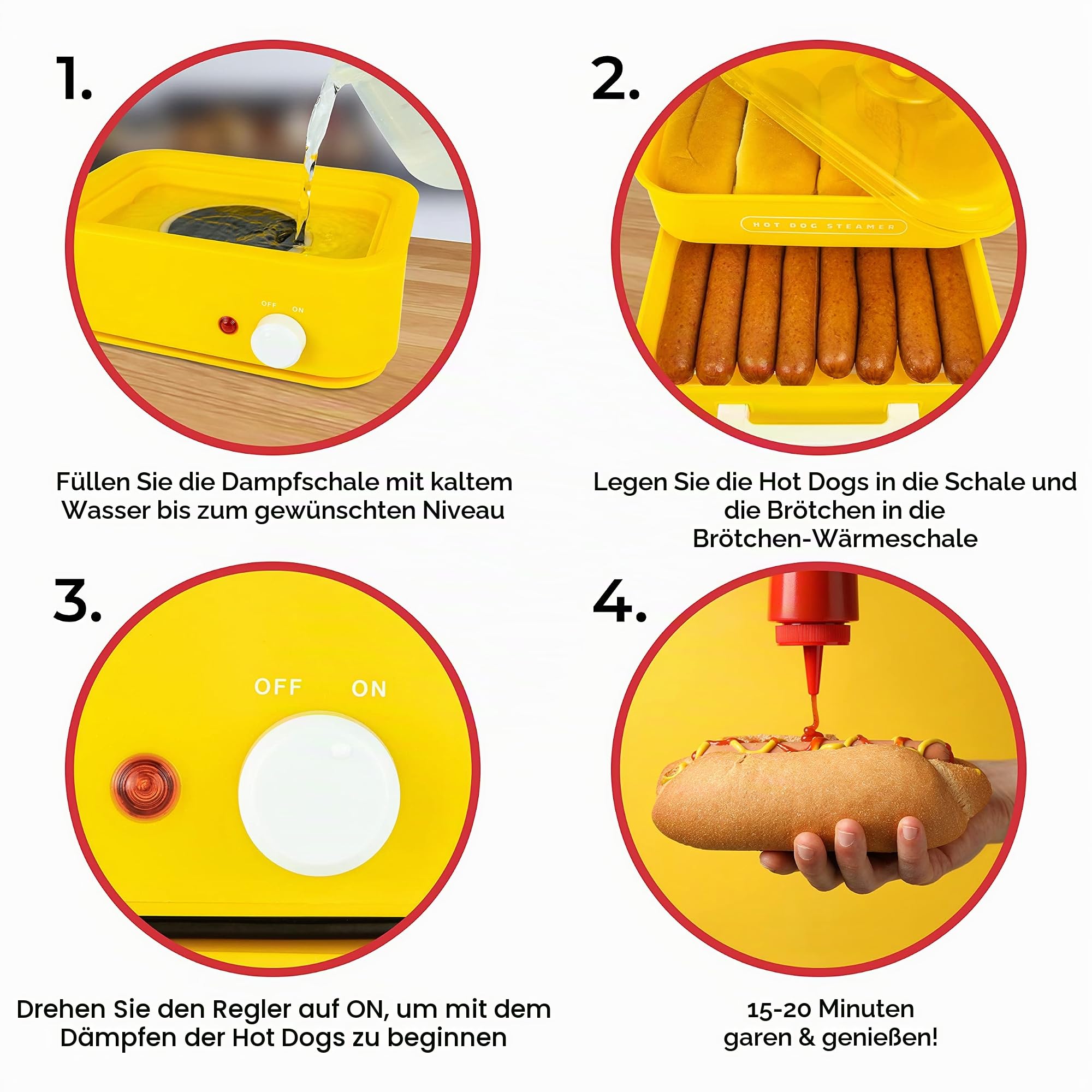 Nostalgia Oscar Mayer Hot Dog Dampfgarer und Brötchenwärmer, 8 Hot Dog und 4 Brötchen, Dampfbrötchen, Würstchen, Gemüse, Fisch, Knödel, Gelb