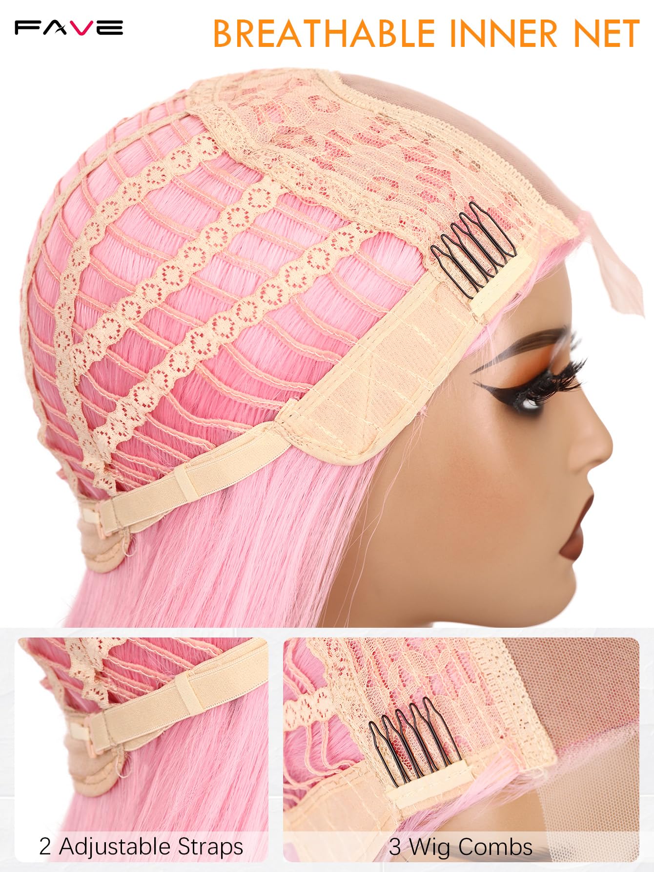FAVE Perruque rose 65 cm synthétique pour femmes résistante à la chaleur, longue avec raie au milieu, aspect naturel rose clair, idéale pour quotidien/fête/cosplay