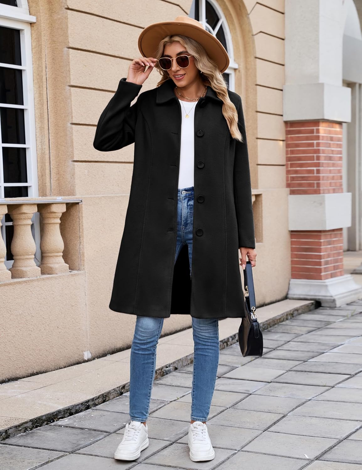 UANEO Womens Peacoat Faux Wool Blend Single Breasted Long Trench Coat Dress Overcoat Winter with Pockets - Image 6