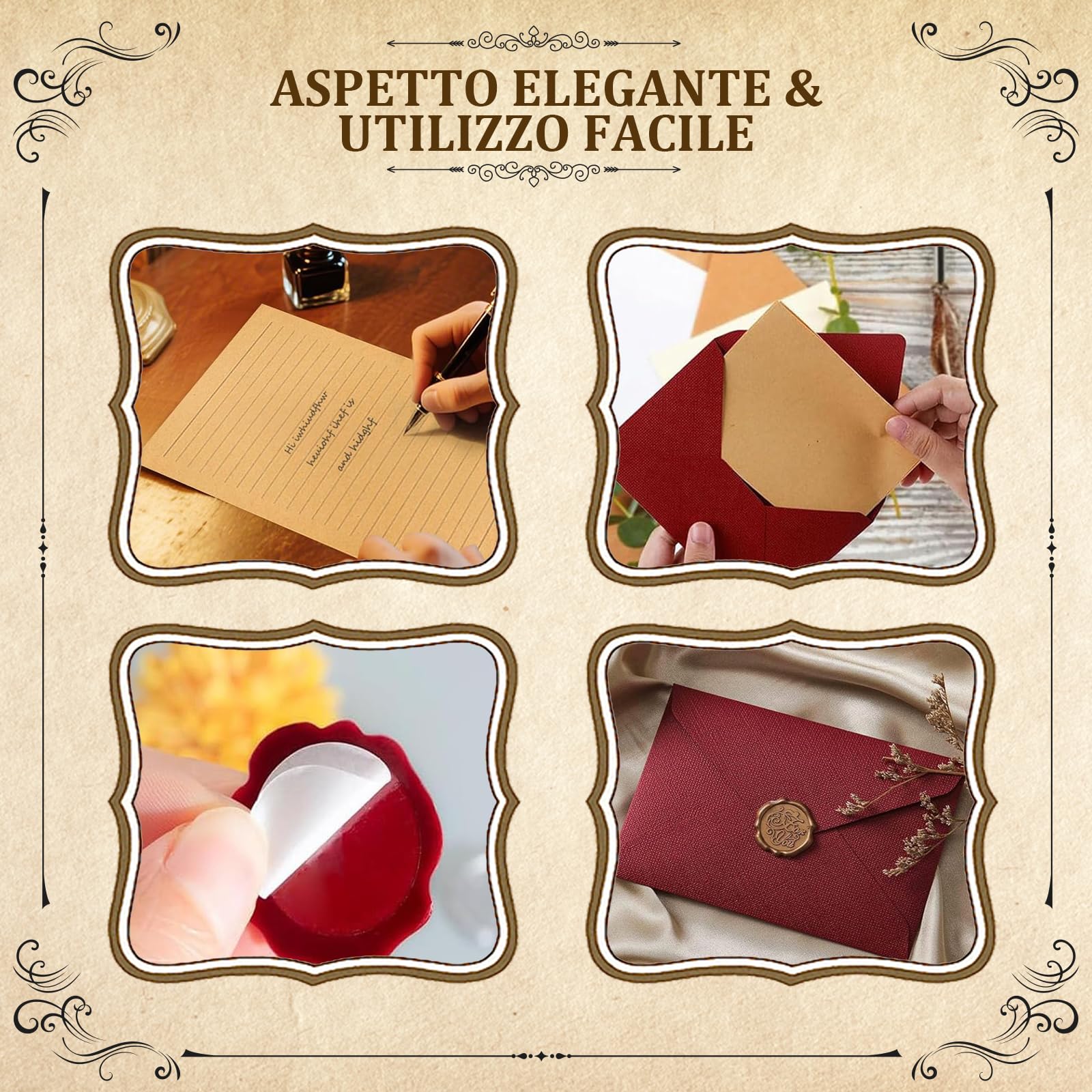 Set Carta da Lettere Vintage 36 Fogli A5 con 8 Buste Lino e Sigilli Cera Kraft