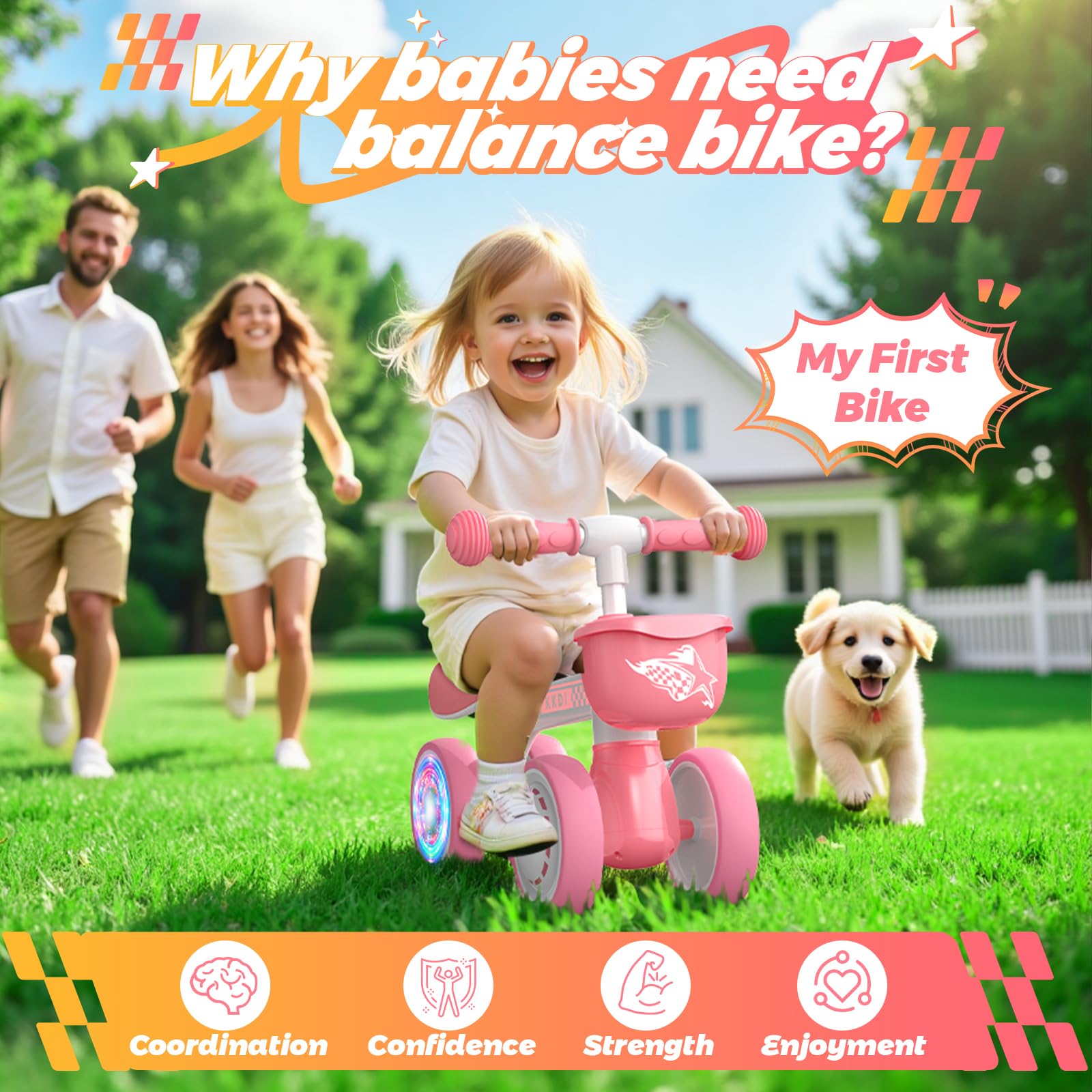Juguetes de bicicleta de equilibrio para bebés de 1 a 2 años, bicicleta de bebé con iluminación colorida, regalos de Navidad de primer cumpleaños para niñas de 1 a 2 años, 4 ruedas silenciosas, sin 5