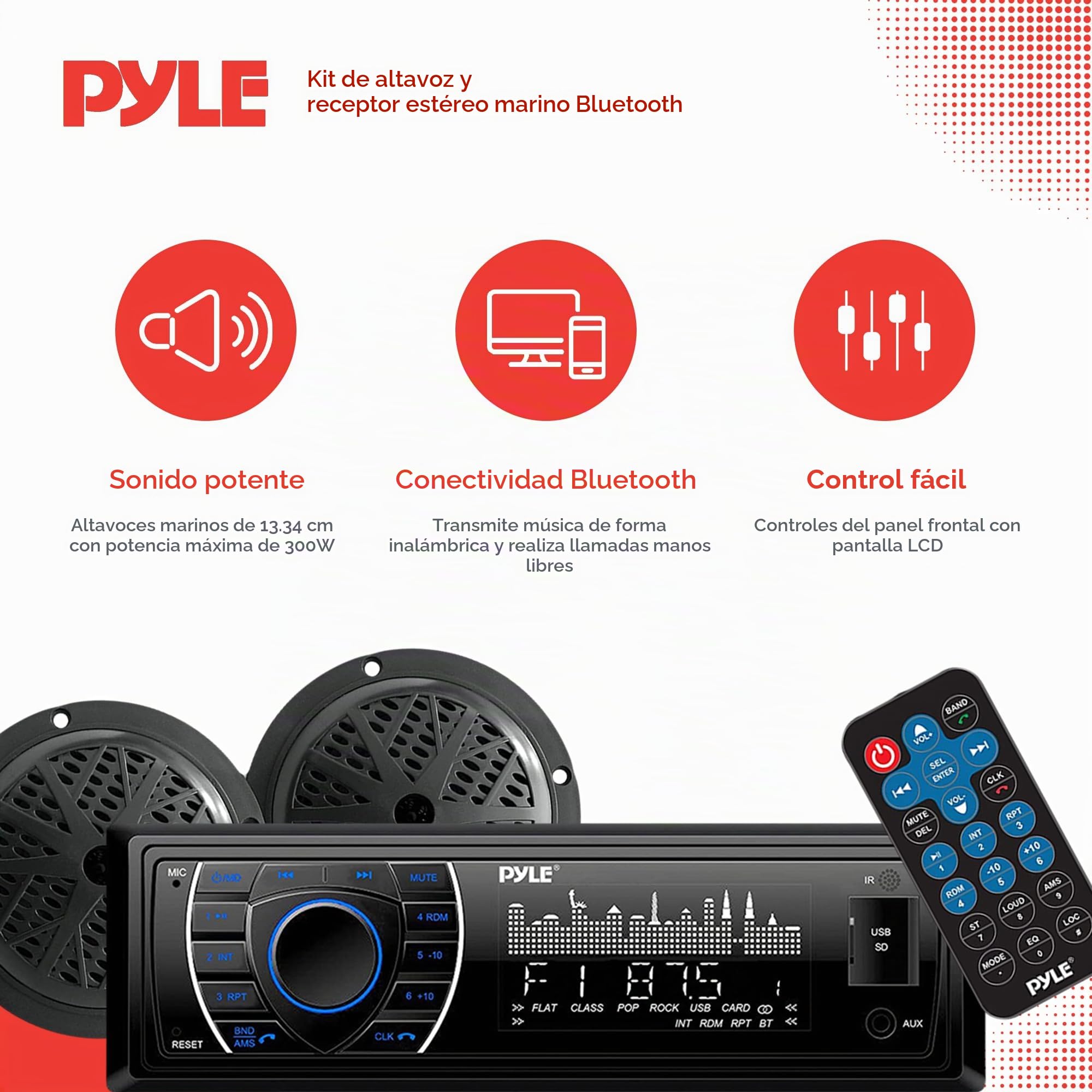 Pyle Kit Receptor Marino con Altavoces, Estereo, Digital LCD, Bluetooth, Microfono, Sistema de Radio Am/FM, Impermeables, Lectores MP3/SD y Mando a Distancia