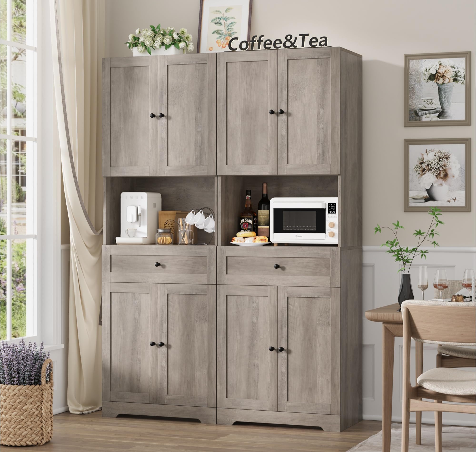 HIFIT 2 Pcs Tall Kitchen Pantry Cabinet, Large Kitchen Hutch Storage Cabinet w/Doors & Wide Shelves, 67" Modern Farmhouse Coffee Bar Cabinets w/