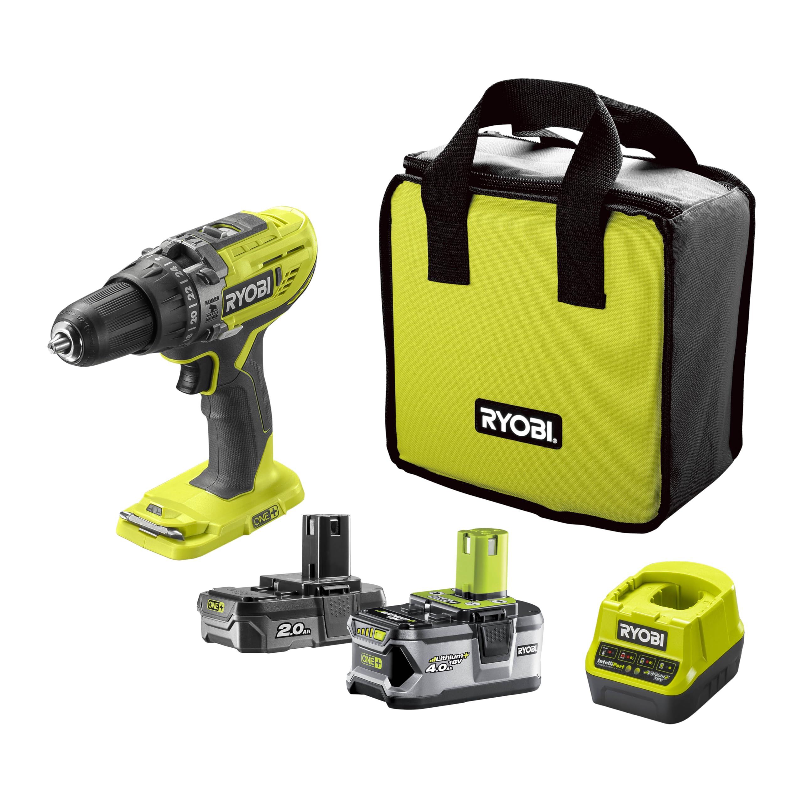 Ryobi ONE+ 18V Hammer Drill R18PD3-242S - 50Nm, 13mm Chuck, 2 Speeds (0-500/0-1800rpm), 24 Torque Settings - Kit with 2.0Ah + 4.0Ah Batteries, Charger and Bag