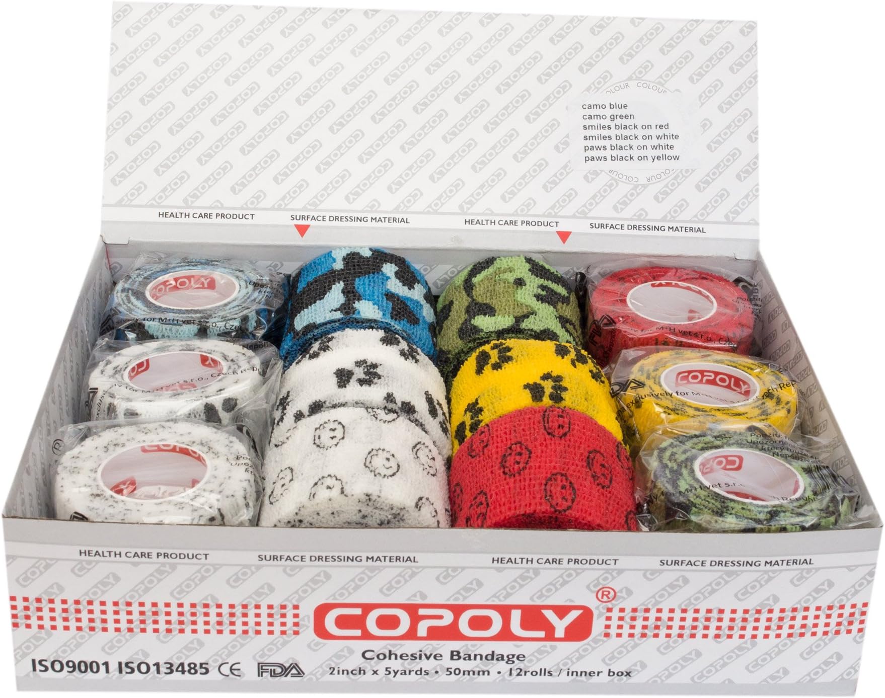 12 Rolls Cohesive elastic VET WRAP bandages, Various sizes and colours (5 cm/2 inch, Pattern mix)