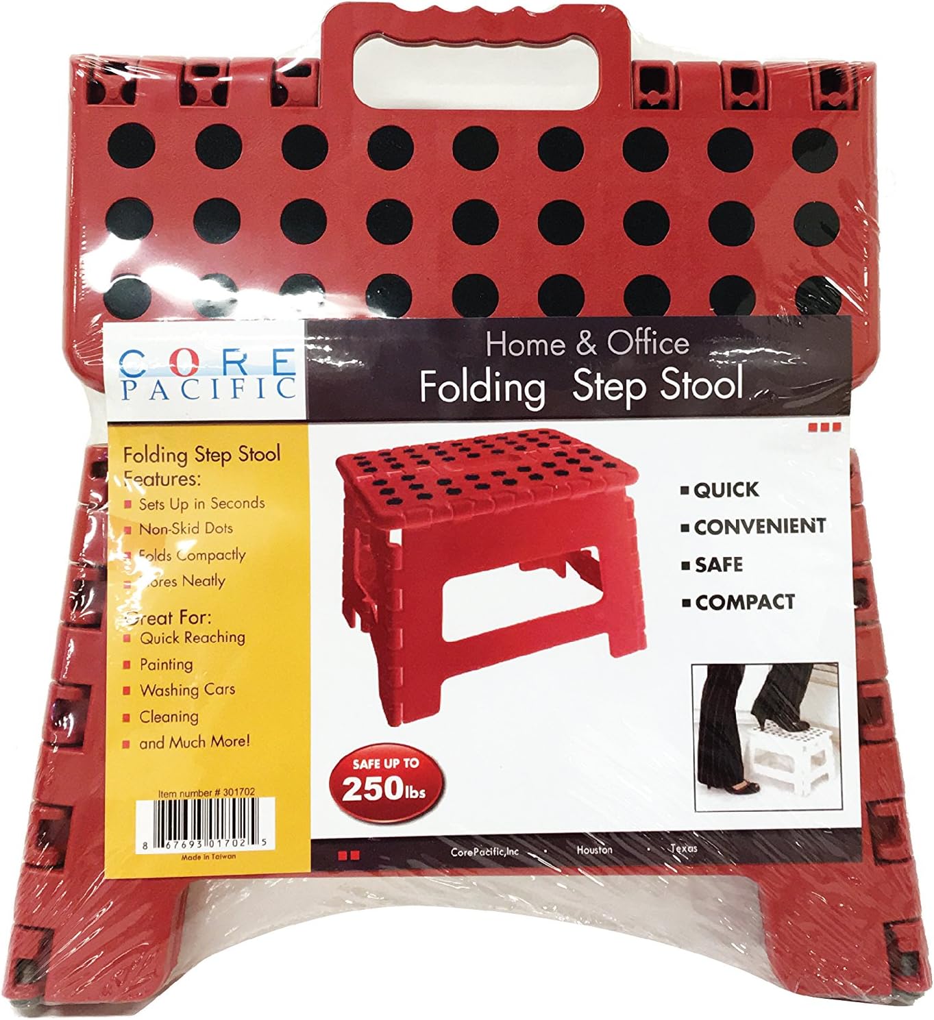 Core Pacific 301799-Red 9 Inch Folding Plastic Step Stool, Red with Black Dots