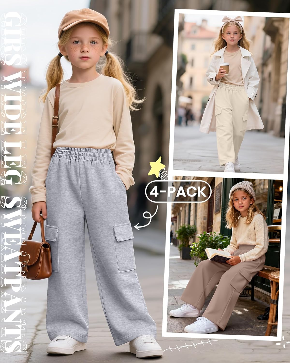 4 Pack Girl's Wide Leg Sweatpants with Cargo Pockets Baggy Elastic High Waist Pants Kids Casual Athletic 5-14Y - Image 6