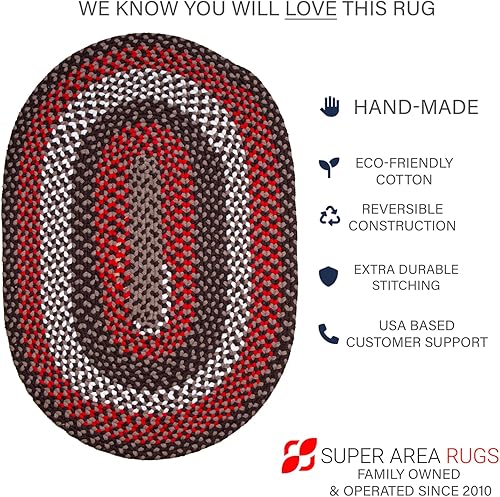 Miniatura 2 de Super Area Rugs Alfombra trenzada ovalada ovalada de 3 x 5 pies, color marrón - rojo - marfil para espacios de estilo rústico y primitivo