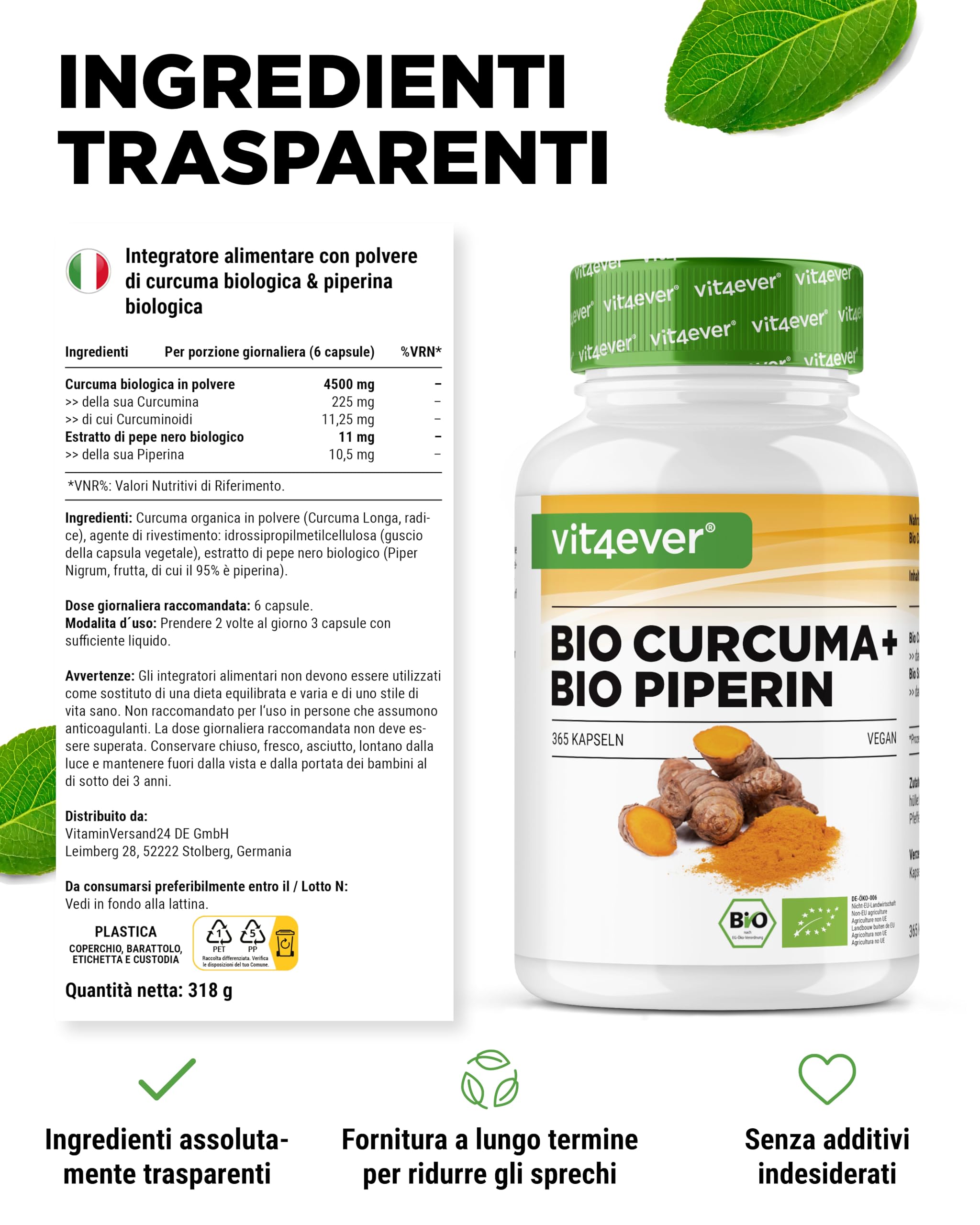 Curcuma organica con pepe nero - 365 capsule - 4511 mg di curcuma organica (Kurkuma) per dose giornaliera - con curcumina e piperina - 100% qualità organic - alto dosaggio - vegano