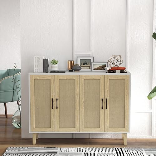 Miniatura 6 de Panana Gabinete de almacenamiento de buffet con decoración de ratán de 4 puertas, sala de estar, cocina, aparador de 48.43 x 34.65 x 15 pulgadas