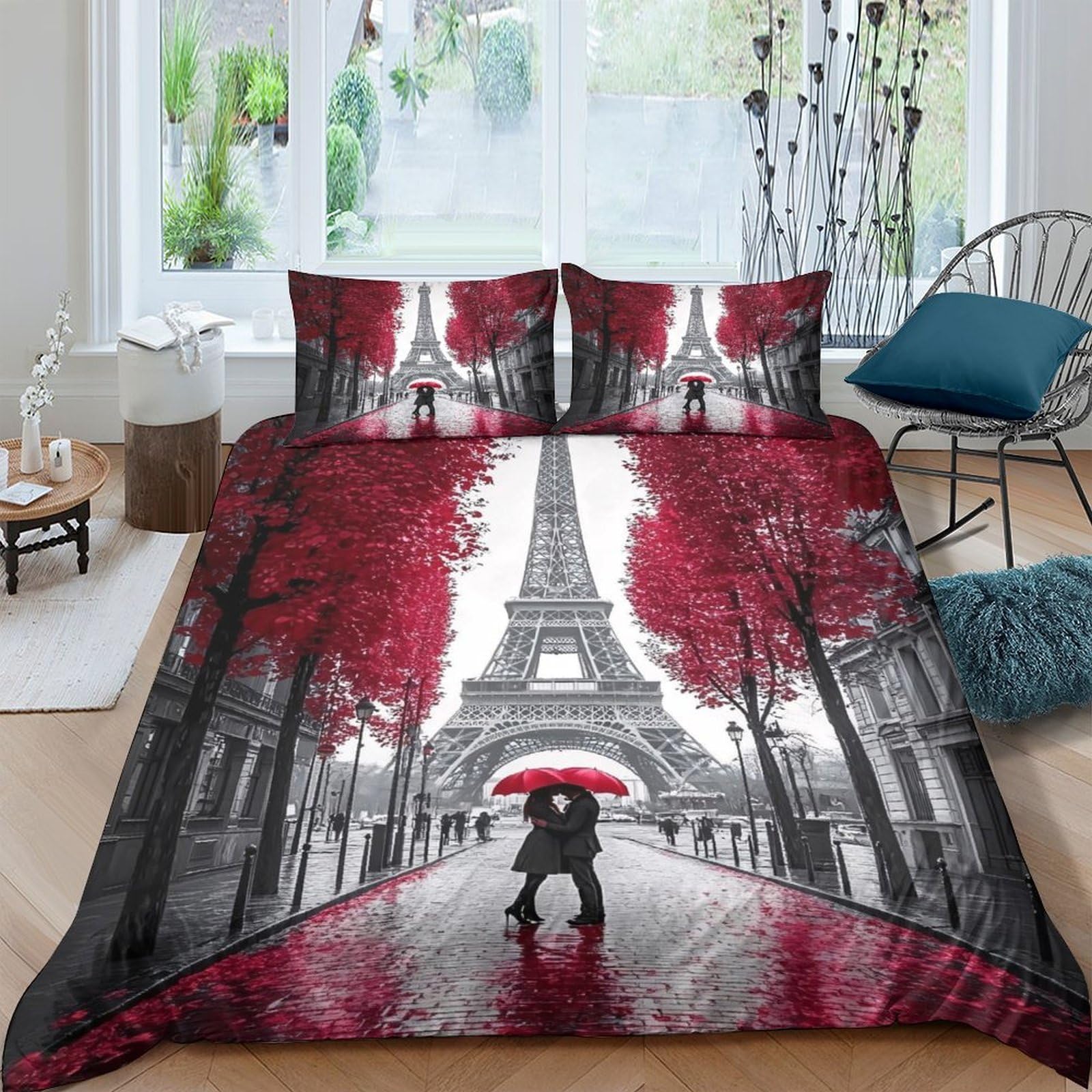 GPLZQXKJNH 3D Printed Paris Eiffel Tower Duvet Cover Microfiber Soft Red Black Cityscape Bedding Set with 2 Pillowcases for Bedroom Decor Single（135x200cm）