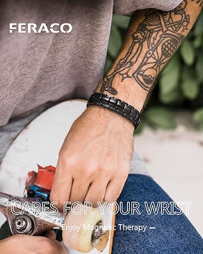 Vista 27 de Feraco Pulsera magnética de acero de titanio para hombre con doble fila de 4 elementos imanes, regalos para el día del padre Negro,Negro