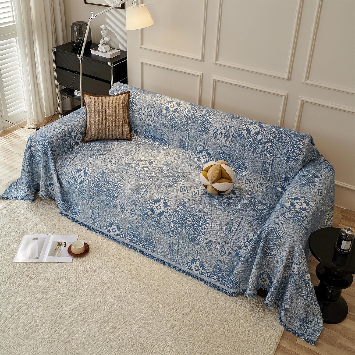 PEIHUODAN Bohemian Sofa Throws Large 1/2/3/4 Seater, Summer Blanket Throws for Settees, Cotton Non Slip Small Sofa Protective Cover, King Size Blankets for Beds (Blue,180x180cm)