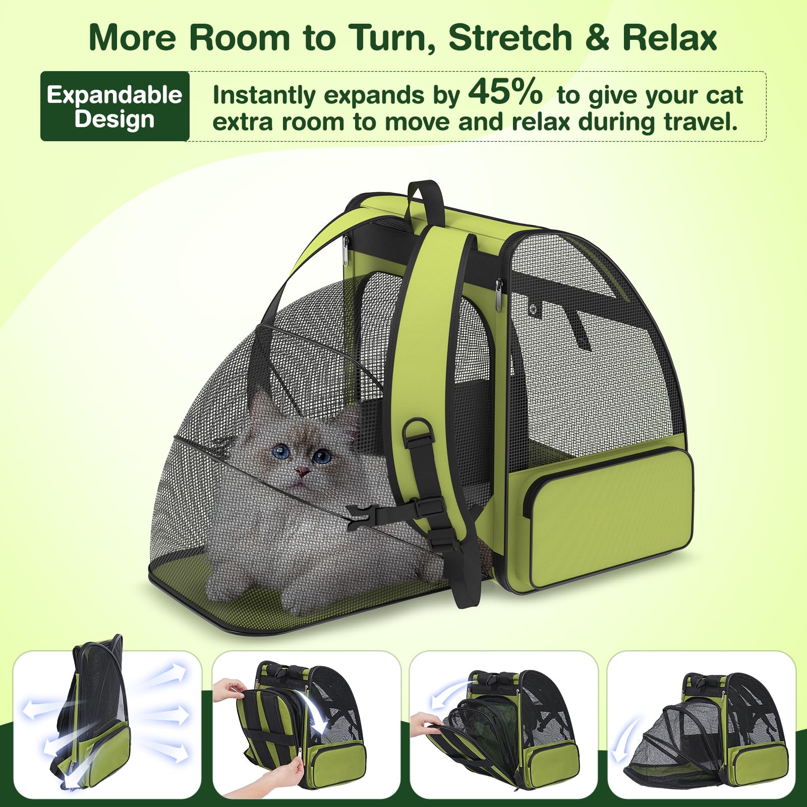 Sac à dos de transport pour chat pour voyage et randonnée : extensible, pliable, respirant, maille douce, design ergonomique pour petit chien, chiot et chaton jusqu'à 6,8 kg, vert