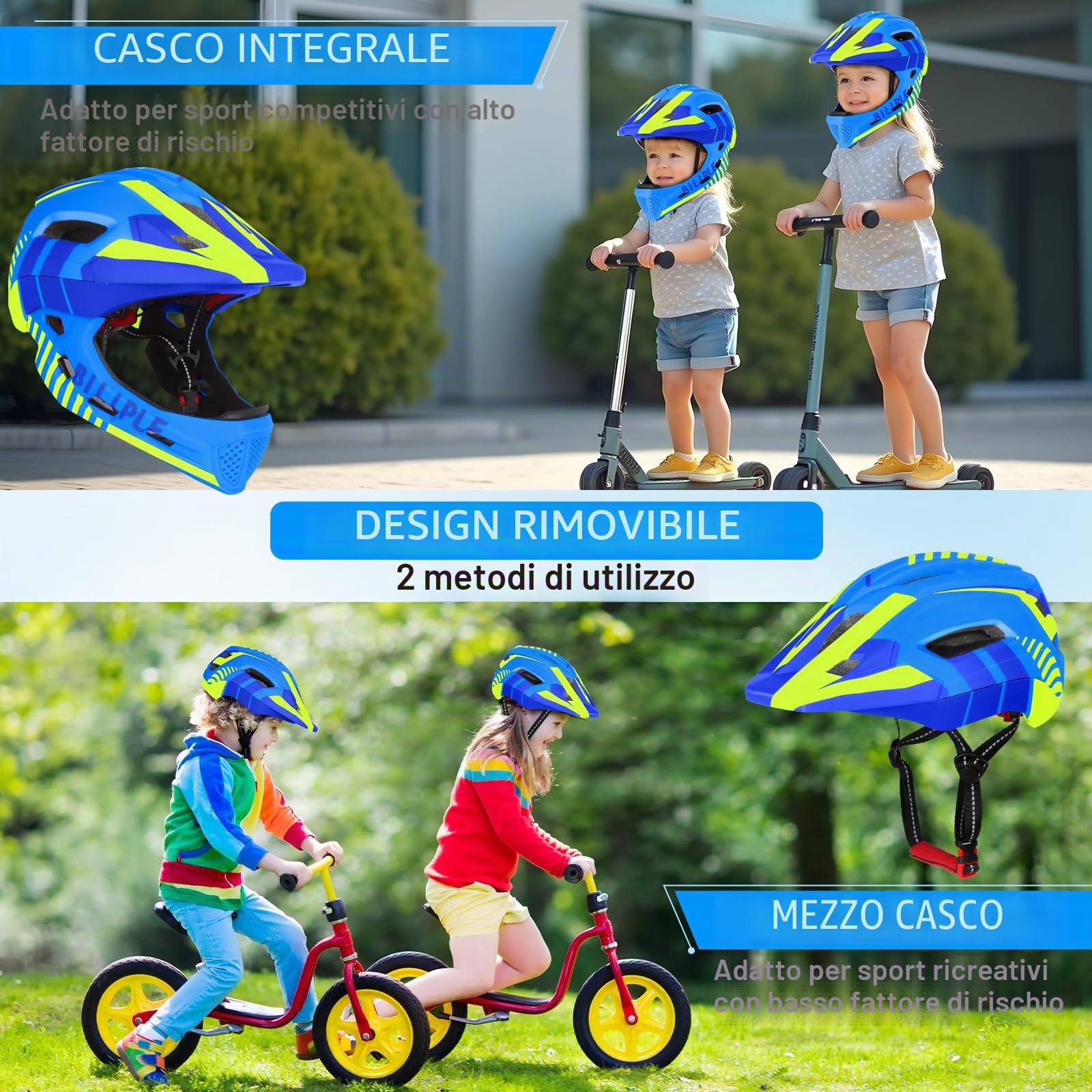 Casco da Bicicletta per Bambini, Caschi di Guida per Bimbo con Mentoniera Staccabile, Casco Integrale per Bambini e Adolescenti, Unisex 52-56 cm, per Balance Bike Scooter Roller Skates