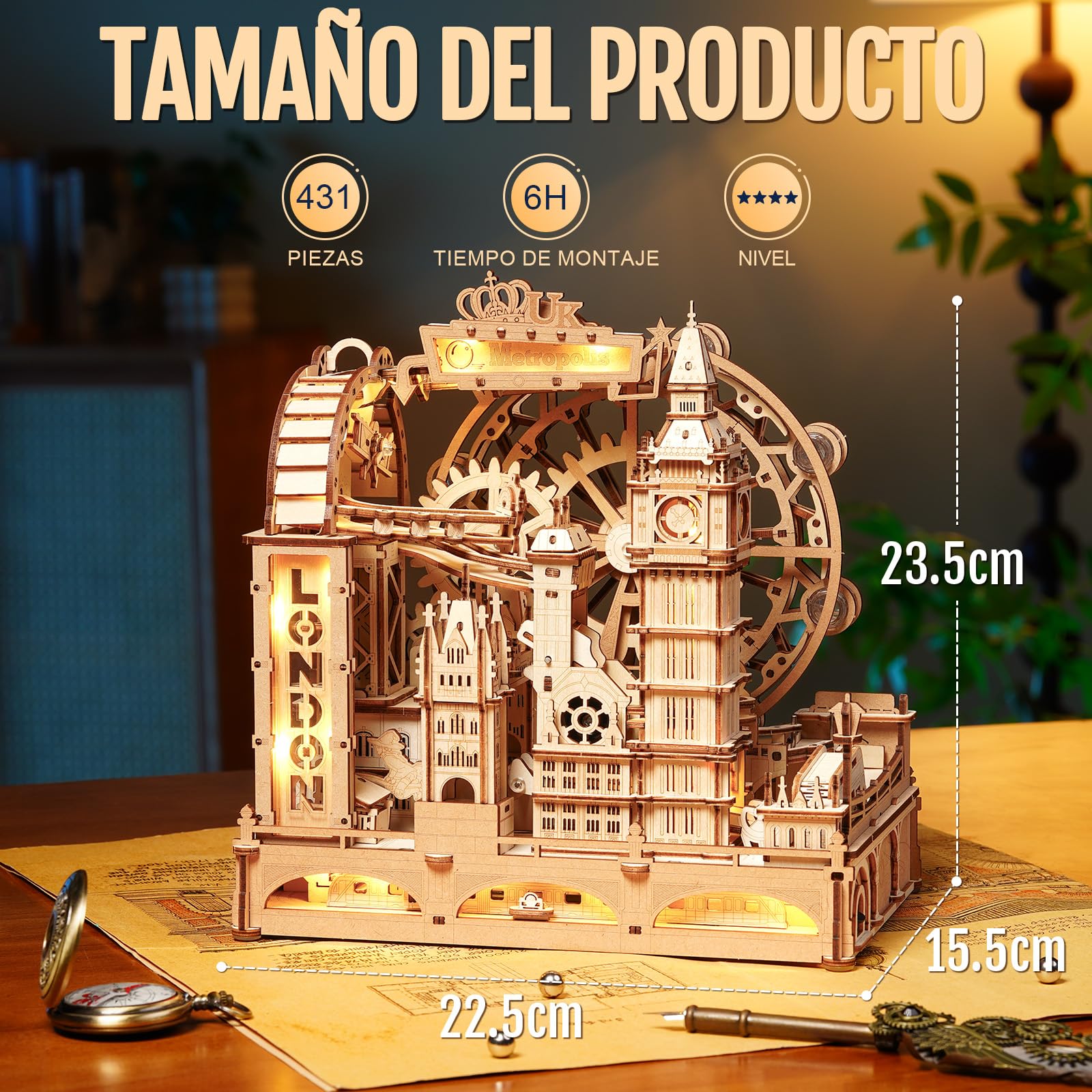 ROKR Marble Travel London – Puzzle de Circuito de Canicas 3D en Madera, Kit Stem para Adolescentes y Adultos, Modelo Interactivo de Monumentos de Londres con Luz Decorativa