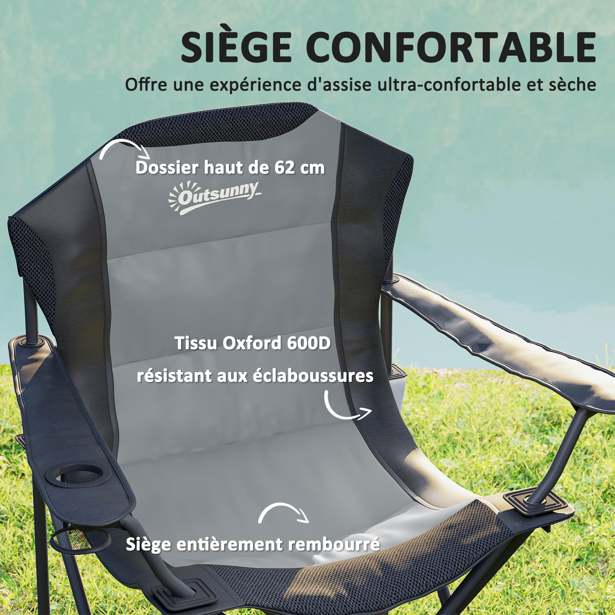 Outsunny Lot de 2 Chaise Pliante Camping Chaise de pêche Portable rembourrée à Dossier Haut avec Porte-gobelet, Fauteuil Pliable pour randonnée, Plage, Pique-Nique, Voyage, Charge 120Kg, Gris foncé