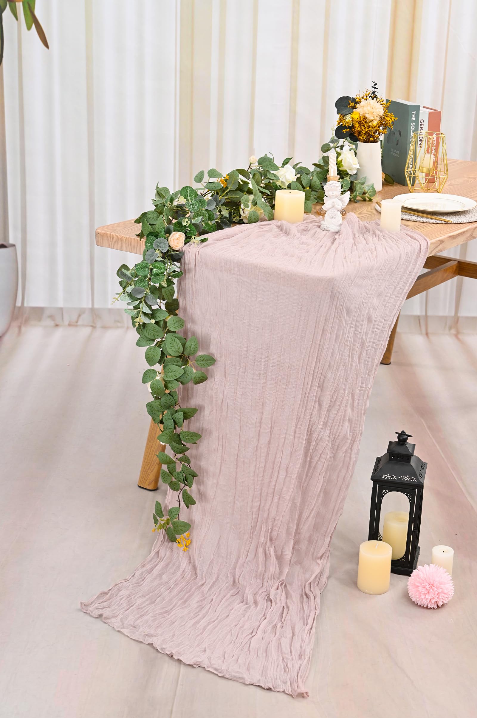 Paquete de 12 caminos de mesa de gasa rosa polvoriento, 35 x 120 pulgadas, 10 pies, camino de mesa rústico bohemio para boda, despedida de soltera, graduación, banquete, decoración de mesa