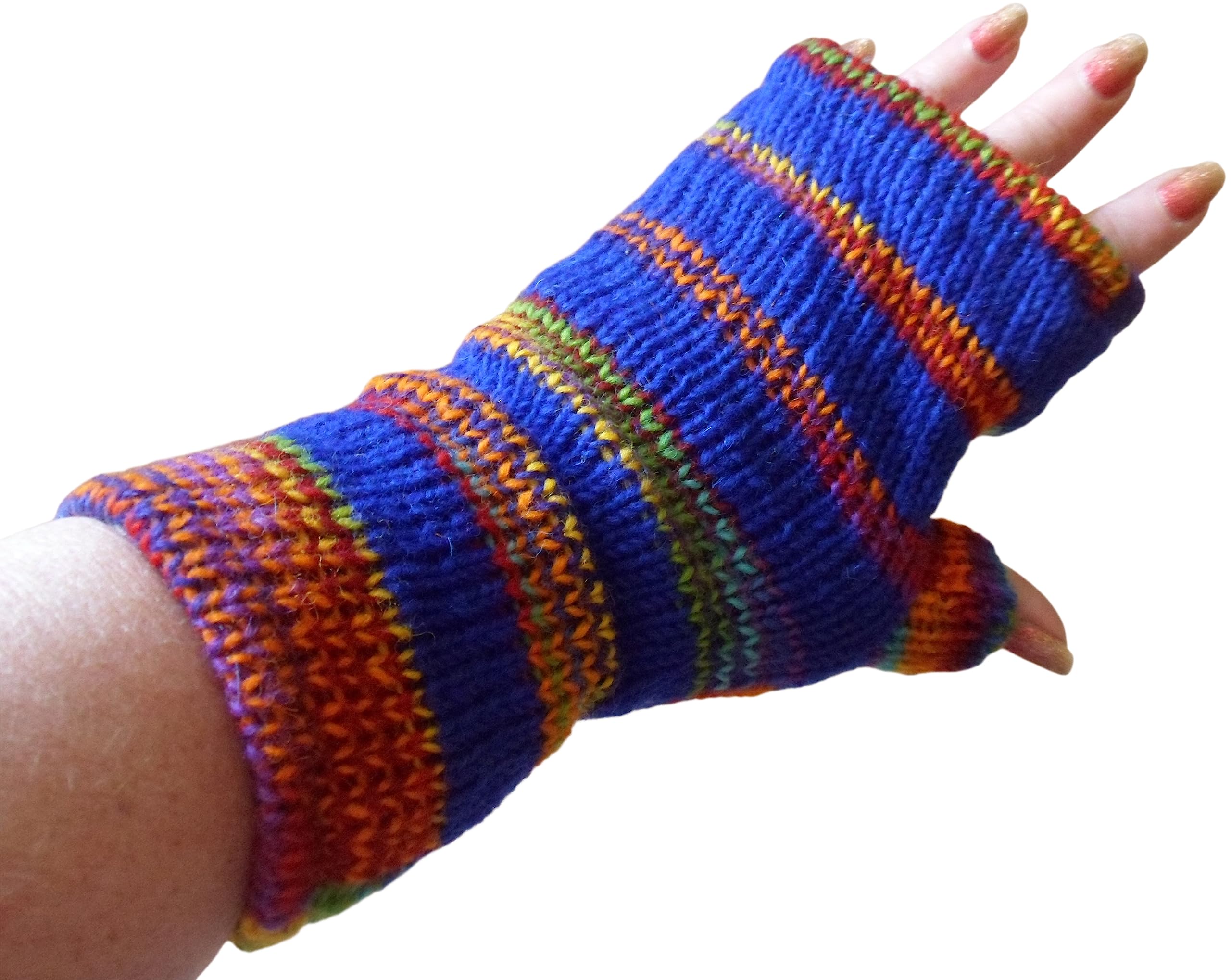 NATURAL FLOW Fair Trade Wool Rainbow Mix Fleece Lined Tube Fingerless Gloves Wrist Warmers (Blue & Rainbow)