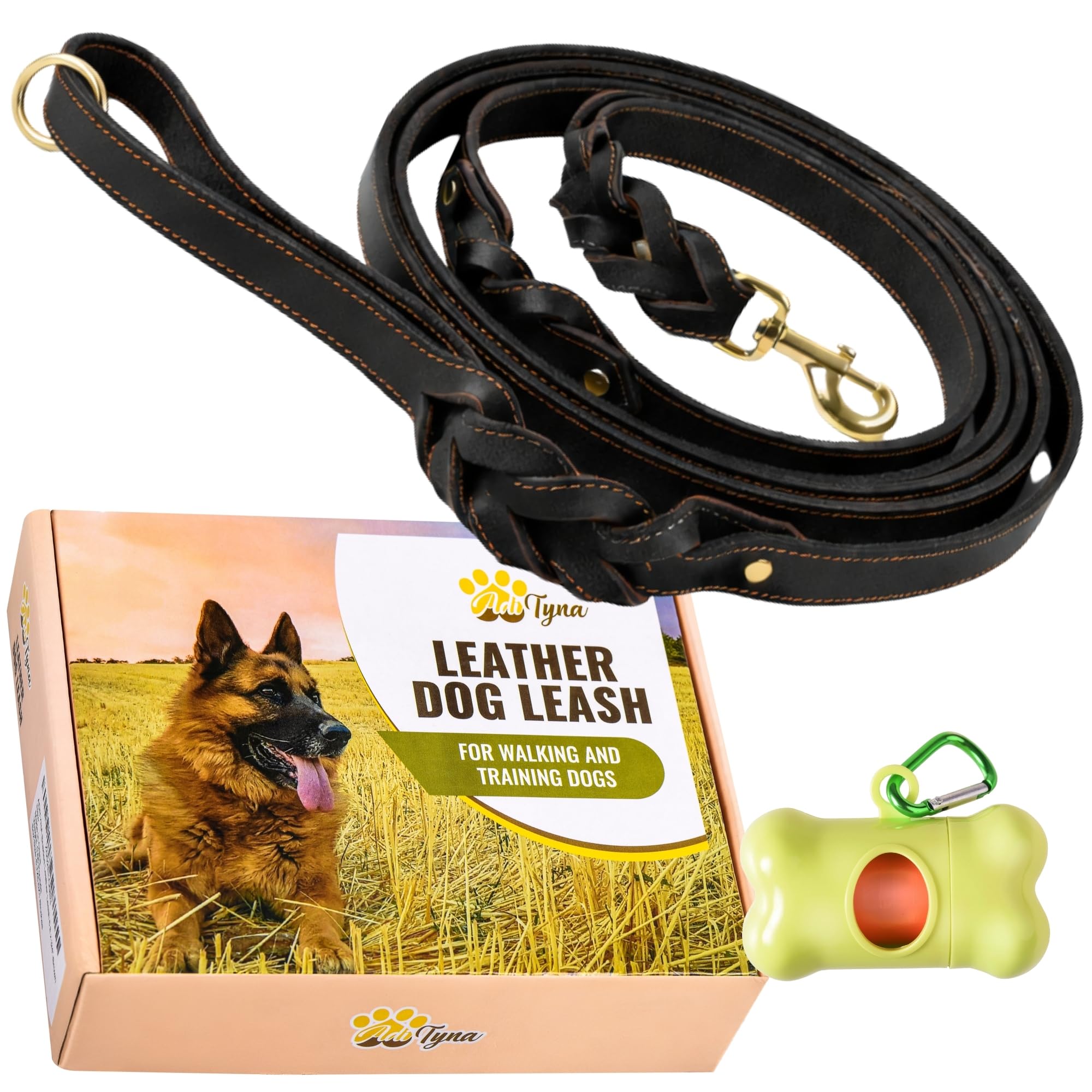 ADITYNA - Double Handle Leather Dog Leash 6ft - Heavy Duty Braided Dog Leash with Traffic Handle for Mastiff, Saint-Bernard, Rottweiler - Lead for Extra-Large Breeds (Black, Two Handles 6 Foot x 1")