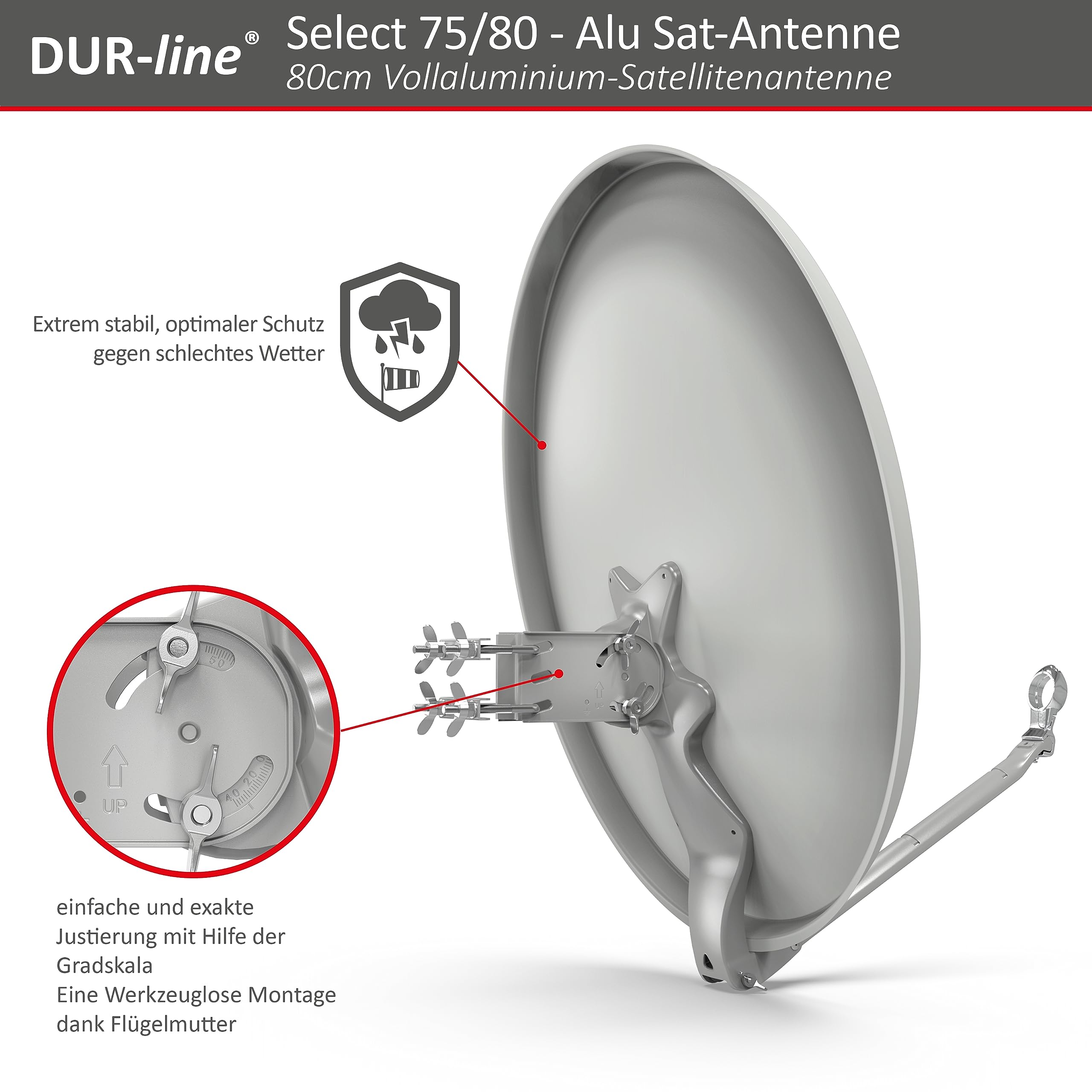 DUR-line sELECT 75/80 x 3 cm Antenne Parabolique Satellite Camping Car, Parabole Aluminium