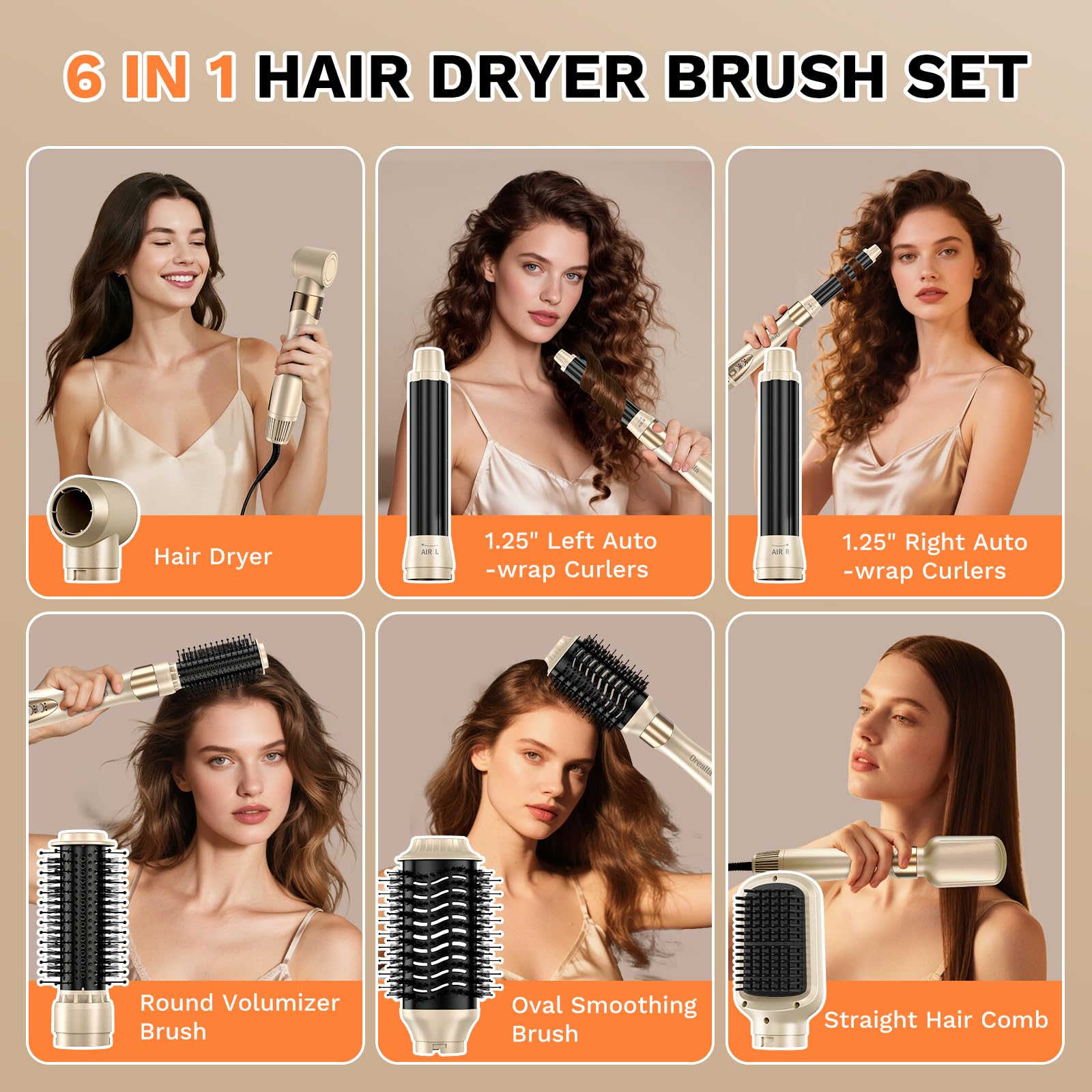 6 in 1 Asciugacapelli Air Styler, 110,000GIRI/MIN Spazzola Rotante per Capelli con Tecnologia Ionica, Spazzole Rivestite in Ceramica per Styling Liscio, Onde, Volumizzante, con Borsa da Viaggio