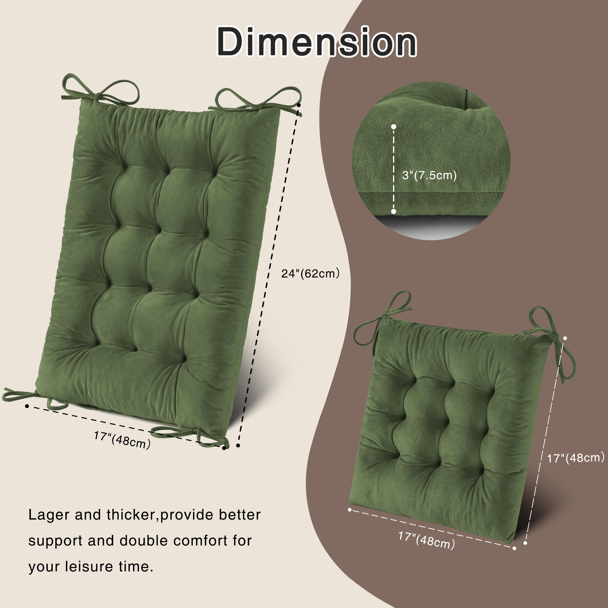 OVOV Thick Rocking Chair Cushion Warm Tufted Rocking Chair Pads Set of 2 with Ties High Back and Seat Cushion Suitable for Indoor (Green) - Image 2
