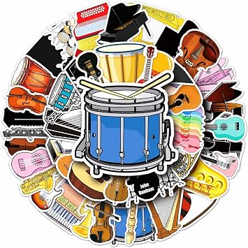 Music Instrument Laptop Stickers 50 Pack, Cartoon Piano Guitar Drum Vinyl Decals for Water Bottles Phones Luggage DIY Decor, Matte Finish Stickers for Teens and Adults