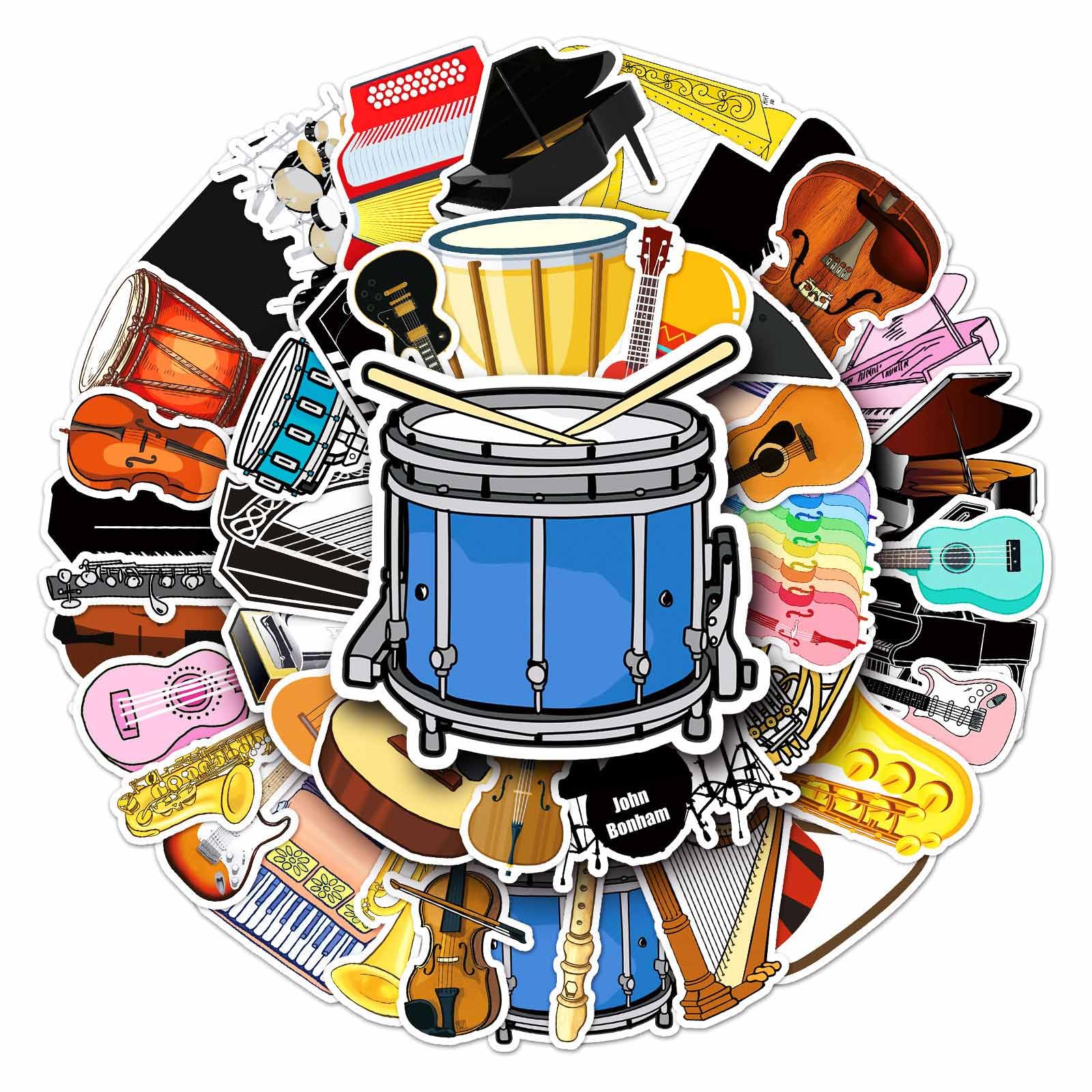 Music Instrument Laptop Stickers 50 Pack, Cartoon Piano Guitar Drum Vinyl Decals for Water Bottles Phones Luggage DIY Decor, Matte Finish Stickers for