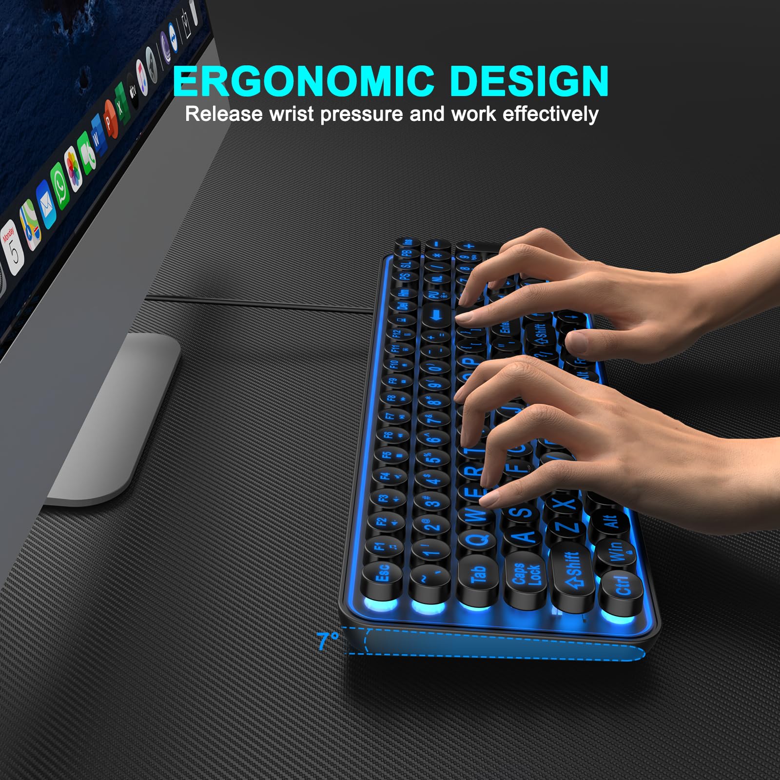EDJO Large Print Backlit Keyboard,USB Wired Lighted Computer Keyboard with 7-Color Backlit,Oversized Letters,Typewriter Keyboard with Retro Round Key Easy to See for Windows,Desktop,PC,Laptop — view 4