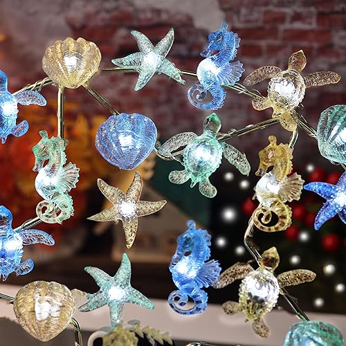 Guirnalda de luces náuticas, vida marina, luces de hadas oceánicas, enchufables o funciona con pilas, decoración de playa para dormitorio, tortuga,
