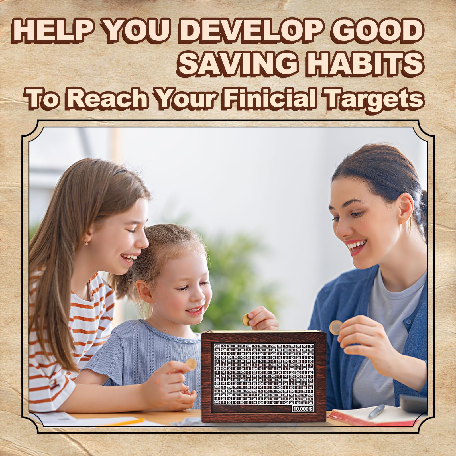 krlladetiy 10000 Savings Challenge Box, Wooden Money Saving Piggy Bank for Adults Kids, Reusable, Targets 10k