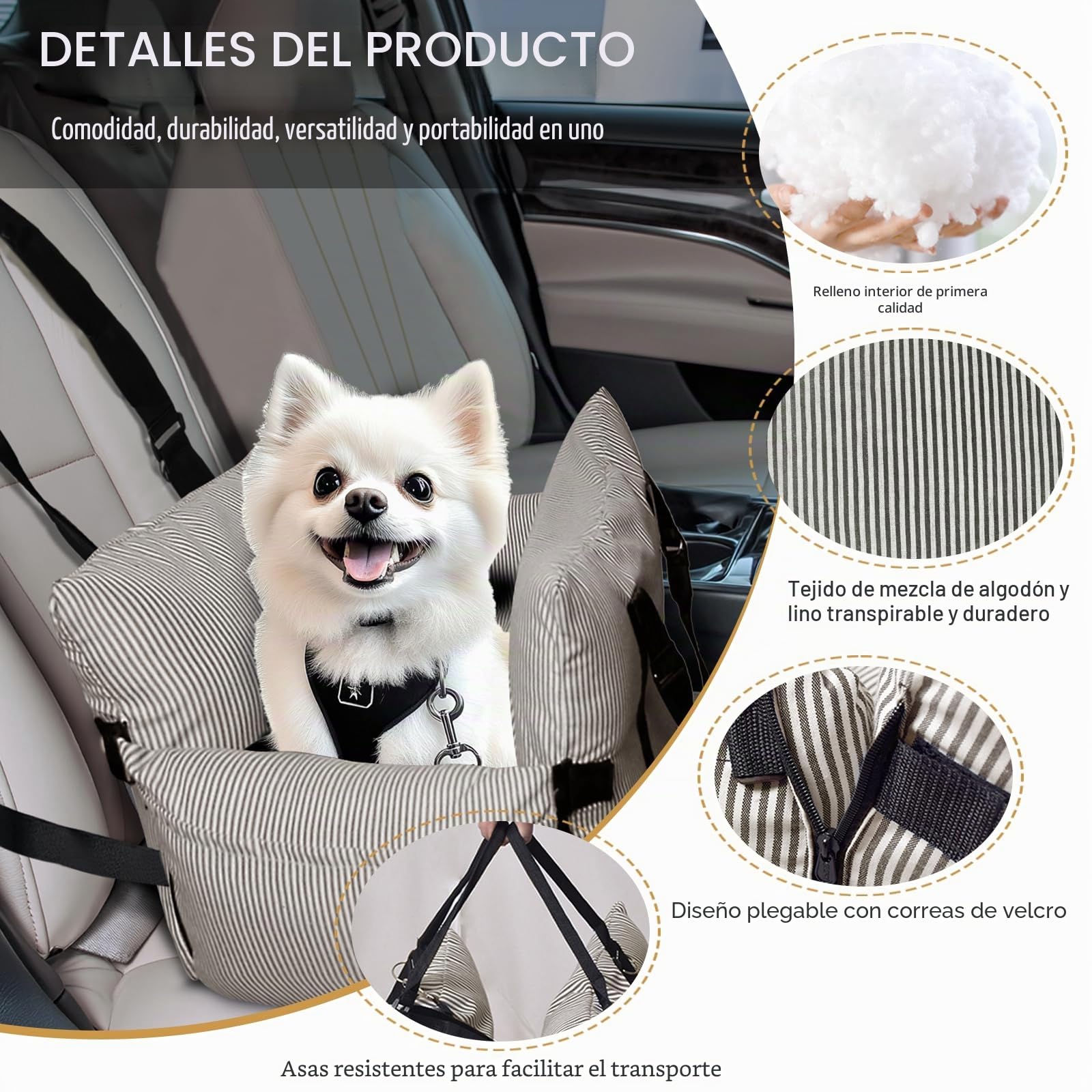 Asiento de coche para perros pequeños y medianos – Asiento elevado para mascotas con cinturón de seguridad, base antideslizante y bolsillos de almacenamiento para viajes en coche, 52 x 52 cm
