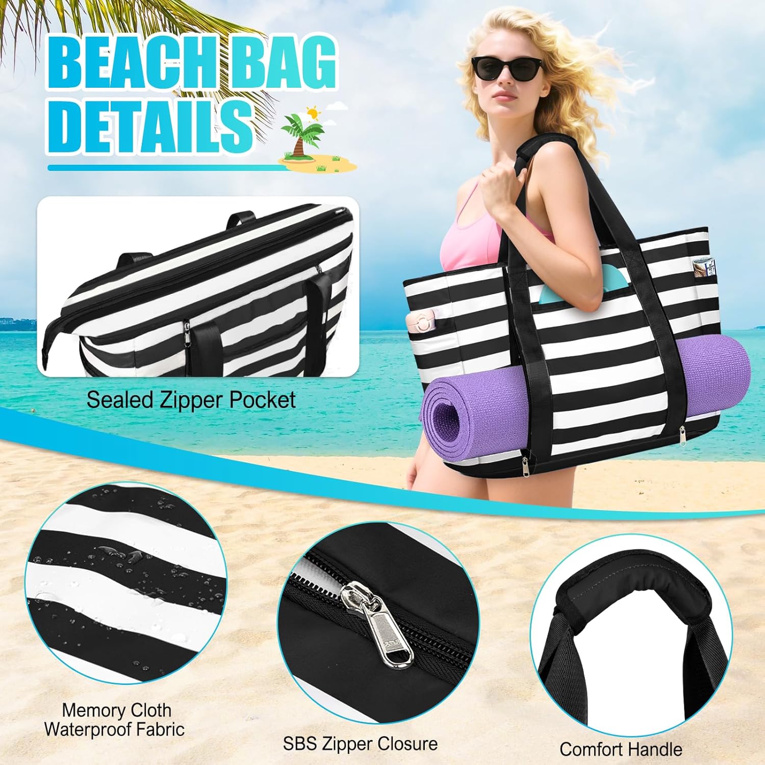Extra Large Beach Bags for Women, Waterproof Sandproof Beach Tote Bag Foldable Swim Pool Bag with Zipper and Wet Pocket - Image 3