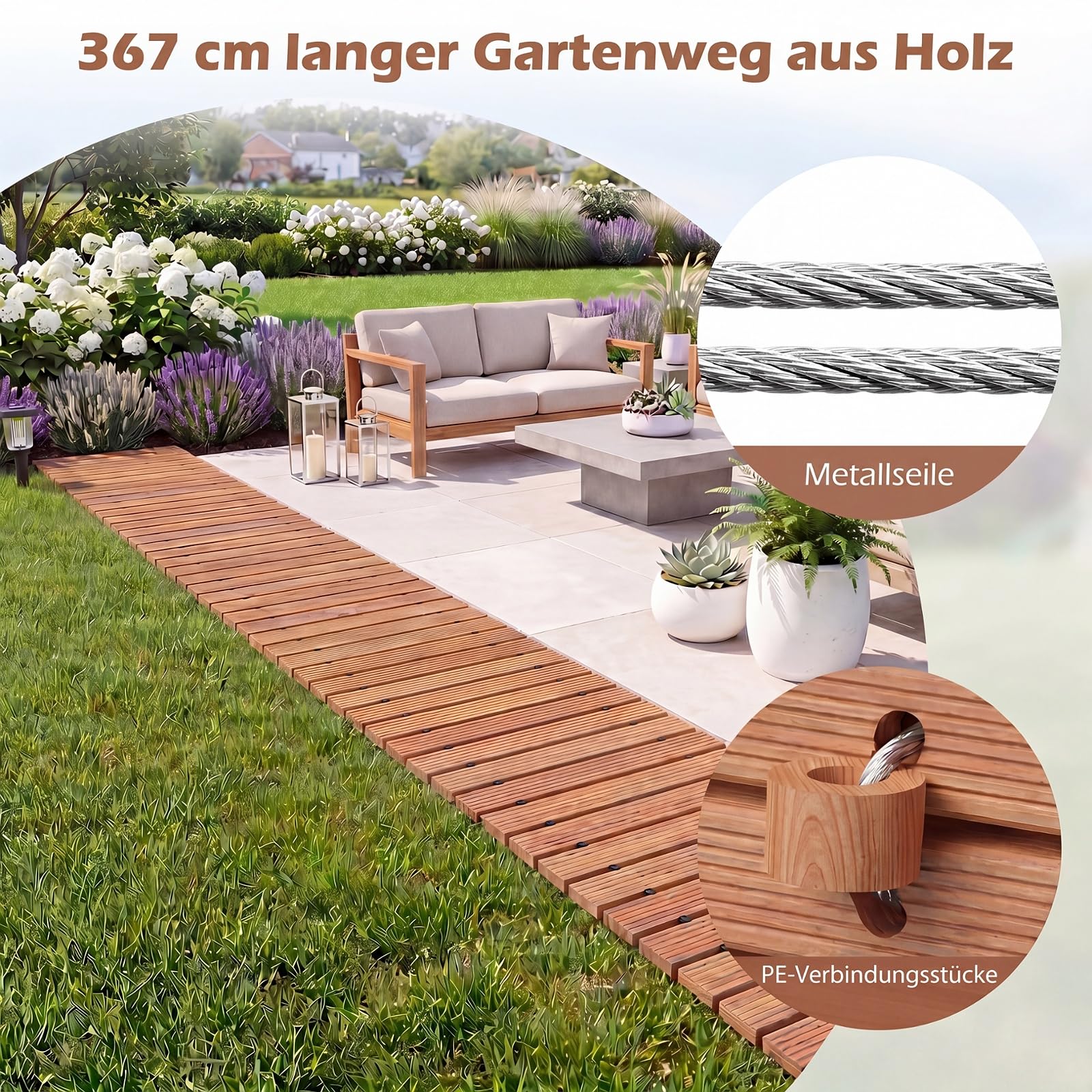 GYMAX 367 cm Rollweg, Holzpfad ausrollbar mit Rutschfester Oberfläche, wetterfester Gartentritt, tragbarer Gartenweg für Garten, Rasen, Strand, Hochzeit, Party (Natur)