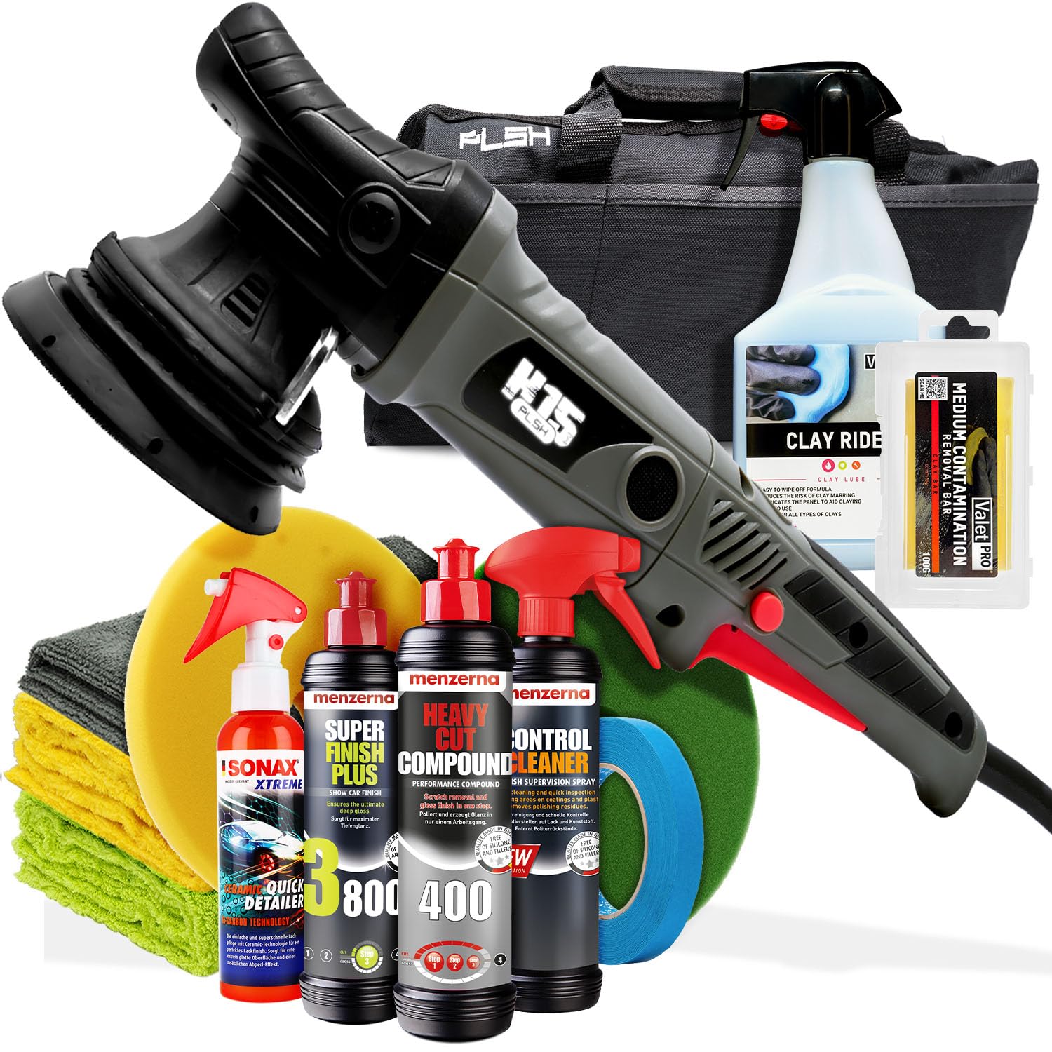 Paquete de abrillantador para coche: PLSH H15 pulidora + abrillantadores Menzerna 0,25 L + almohadillas de garaje Freaks + plastilina ValetPRO + lubricante Clay Rider 0,5 L + Sellador Sonax 75 ml +