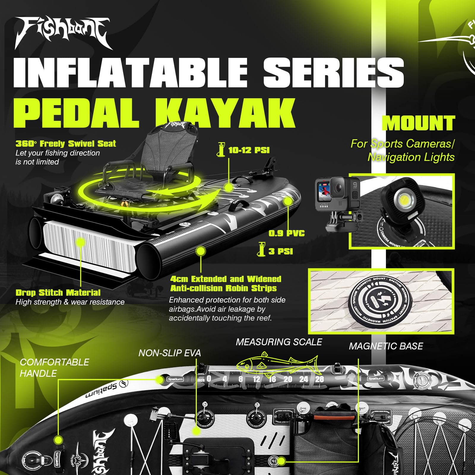Spatium Pedal-Sit-on-Top-Pedalantrieb, Angeln, Kajak, Anti-Kollisions-Design mit 360° drehbarem Sitz, extra Breite, aufblasbares Boot für Erwachsene, geeignet für Flüsse, Ozeane, Seen