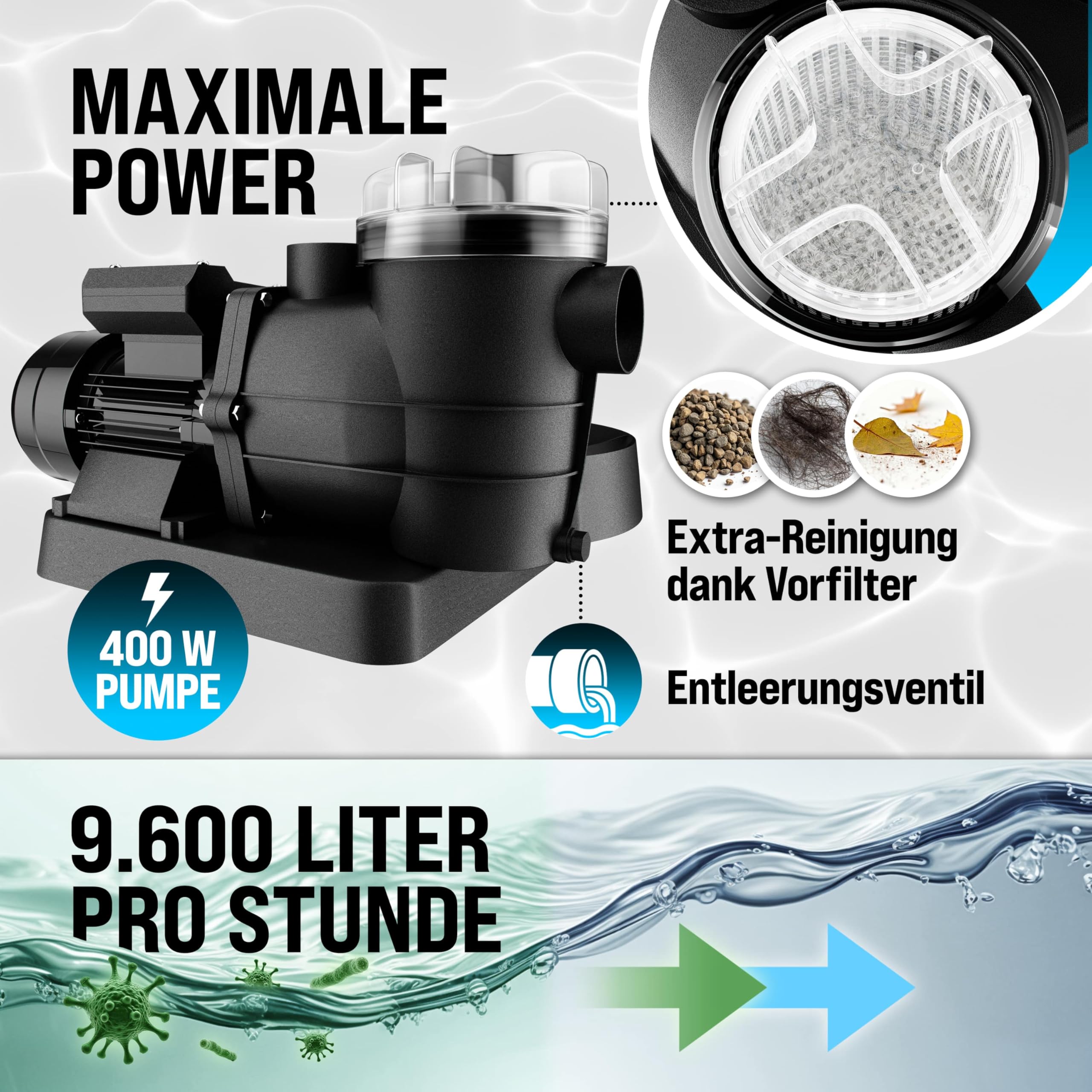 MONZANA® Sandfilteranlage SF96K 9600L/h bis 30.000L Pool Selbstansaugend 400 Watt 2in1 Adapter Ø32-38mm 7Wege Ventil Sandfilterpumpe Poolfilter