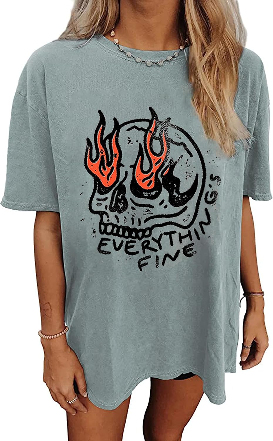 Everything is Fine Shirt Women Halloween Shirts Trendy Oversized T Shirt Vintage Skeleton Graphic Tees Rock Hippie Top