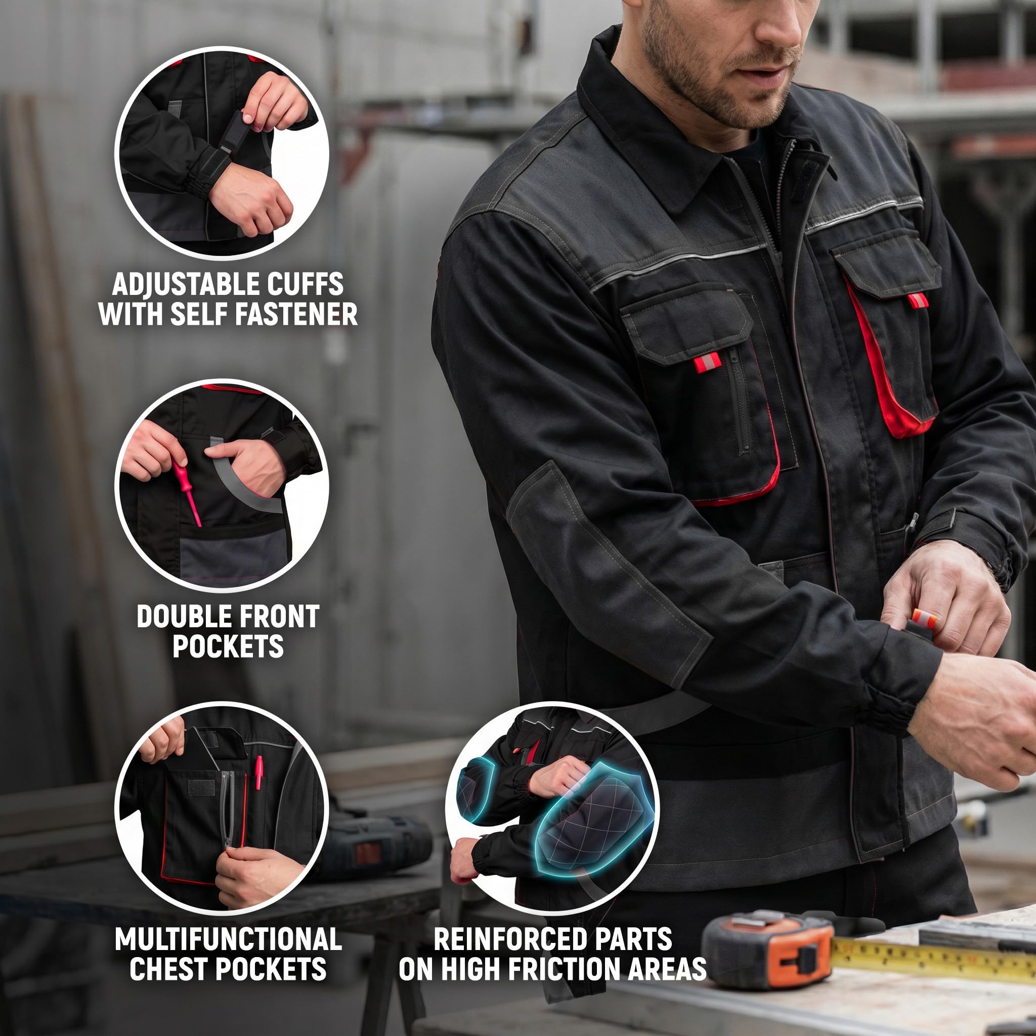 Stenso EM Veste De Travail Homme Blouson Homme - Veste De Travail À Coupe Droite, Design Industriel, Multiples Poches, Renforcée Polyester Oxford, Fermeture Scratch, Fermeture Éclair