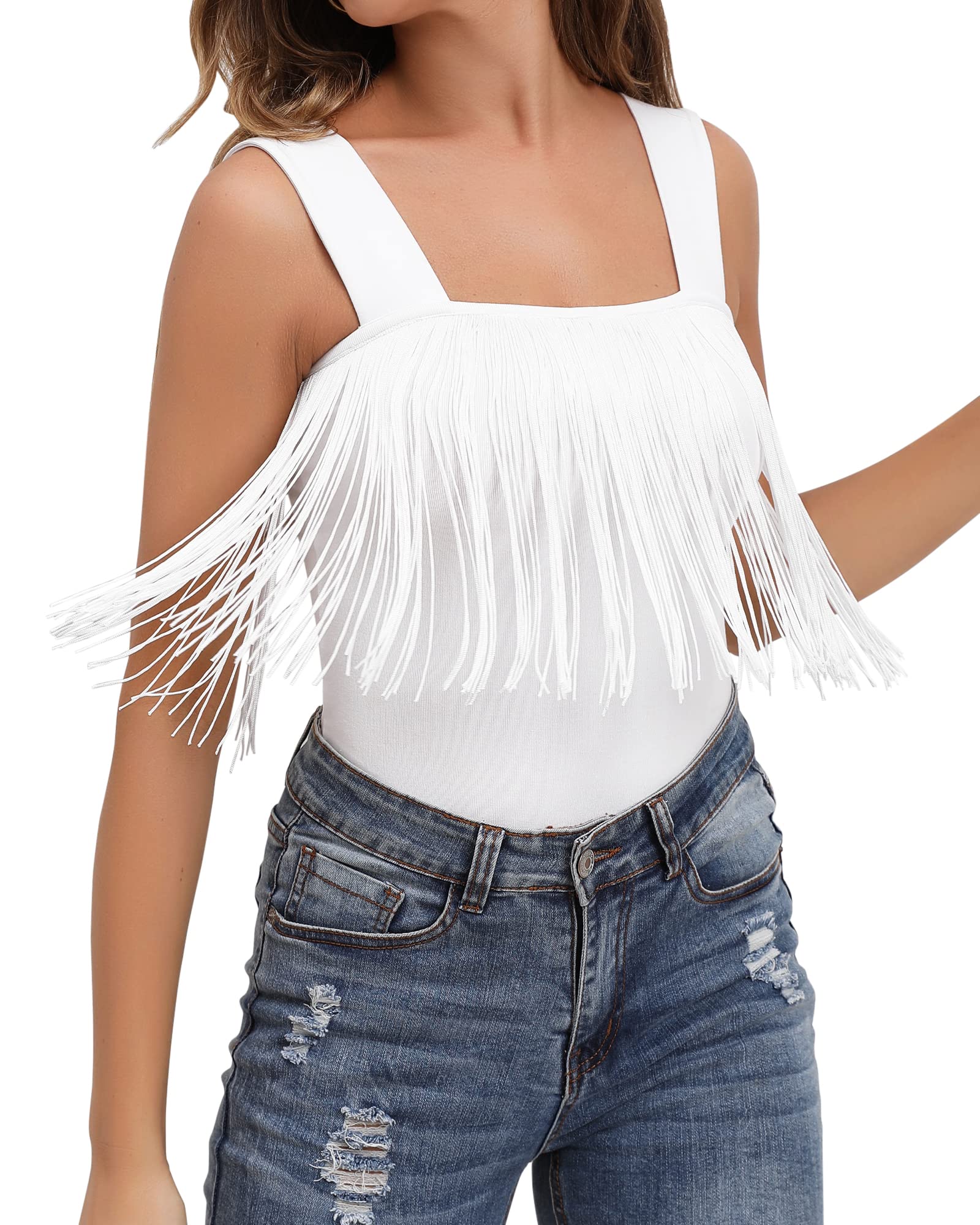 MANGOPOP Tank Top Bodysuit for Women Square Neck Sleeveless Body Suit(Medium,Tank White)