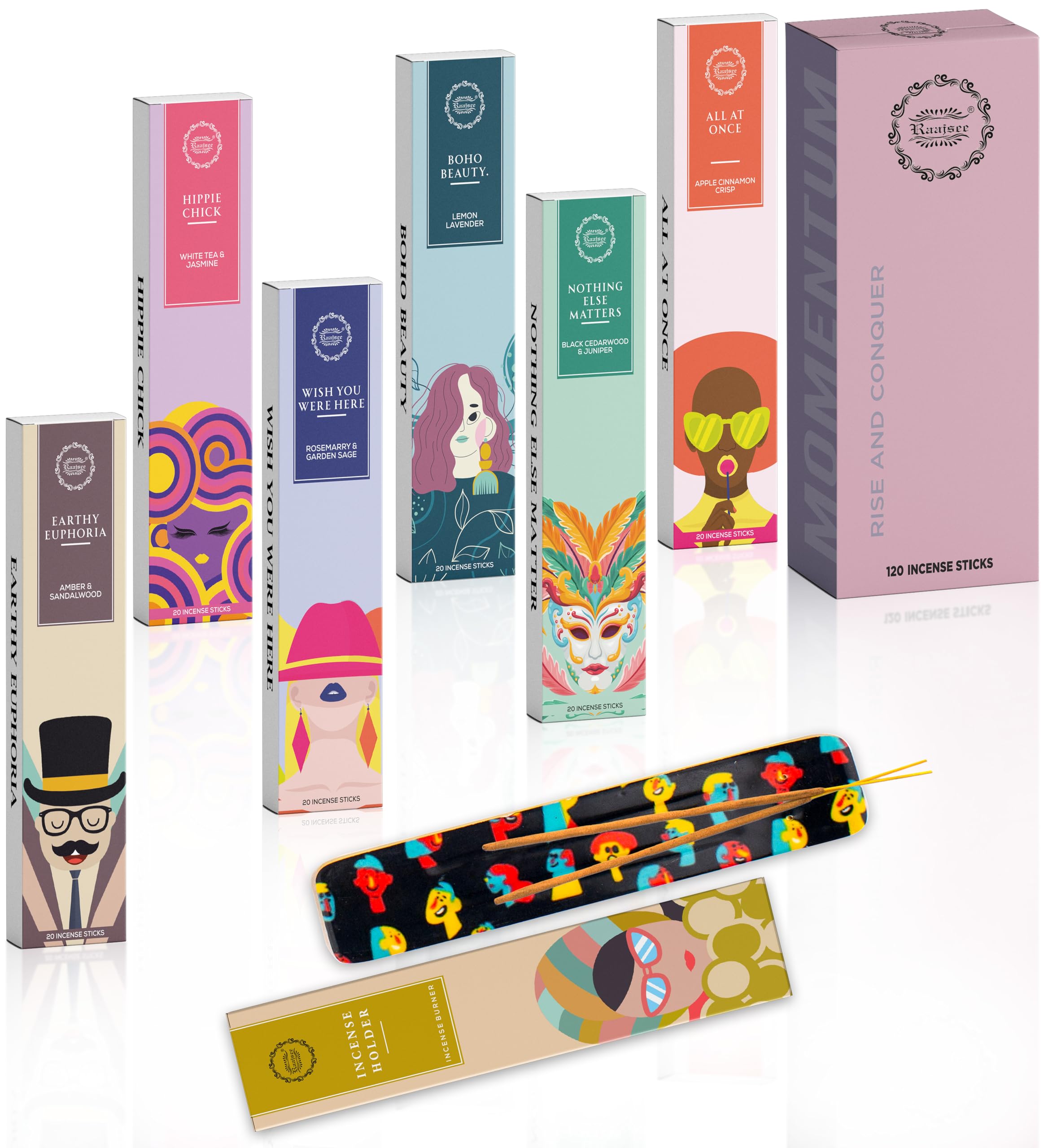 Raajsee Natural Incense Sticks Variety Pack with Incense Stick Holder, Pack of 6 Organic Insence Sticks,120 Inscents-Sticks, Meditation Gifts for Spiritual Cleansing - Organic Incense Sticks Non Toxic