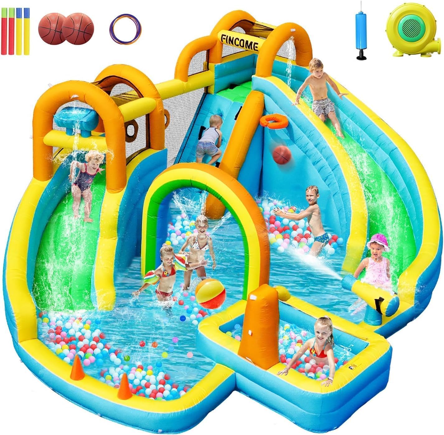 Photo 1 of FINCOME Inflatable Water Slide, Bounce House with 2 Slide for Kids, Inflatable Waterslide Park with Splash Pool, Basketball Hoop, Ball Shooting & Water Cannon for Backyard, Outdoor, Indoor