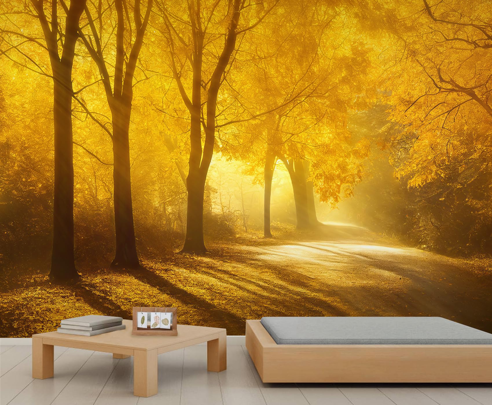 Fall Forest Sunlight Wallpaper Sunshine Forest Wall Decoration Golden Maple Trees Park Scenery Mural Wallpaper 3D Natural Scenery Murals for Living Room Bedroom 350 x 256 cm